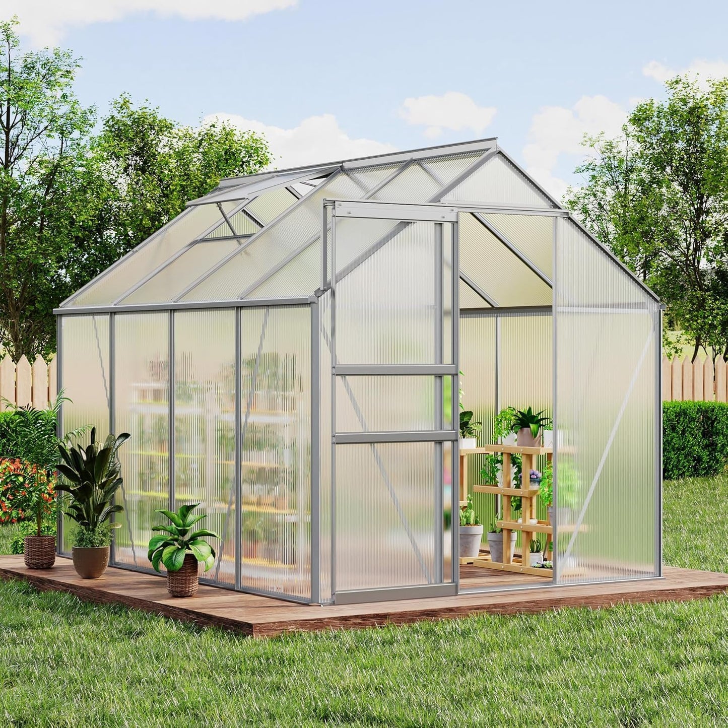 Walk-in Greenhouse 6x8 FT Aluminum Frame with Roof Vent Rain Gutter Sliding Door Perfect for Outdoor Patio Backyard Garden Apartment Balcony