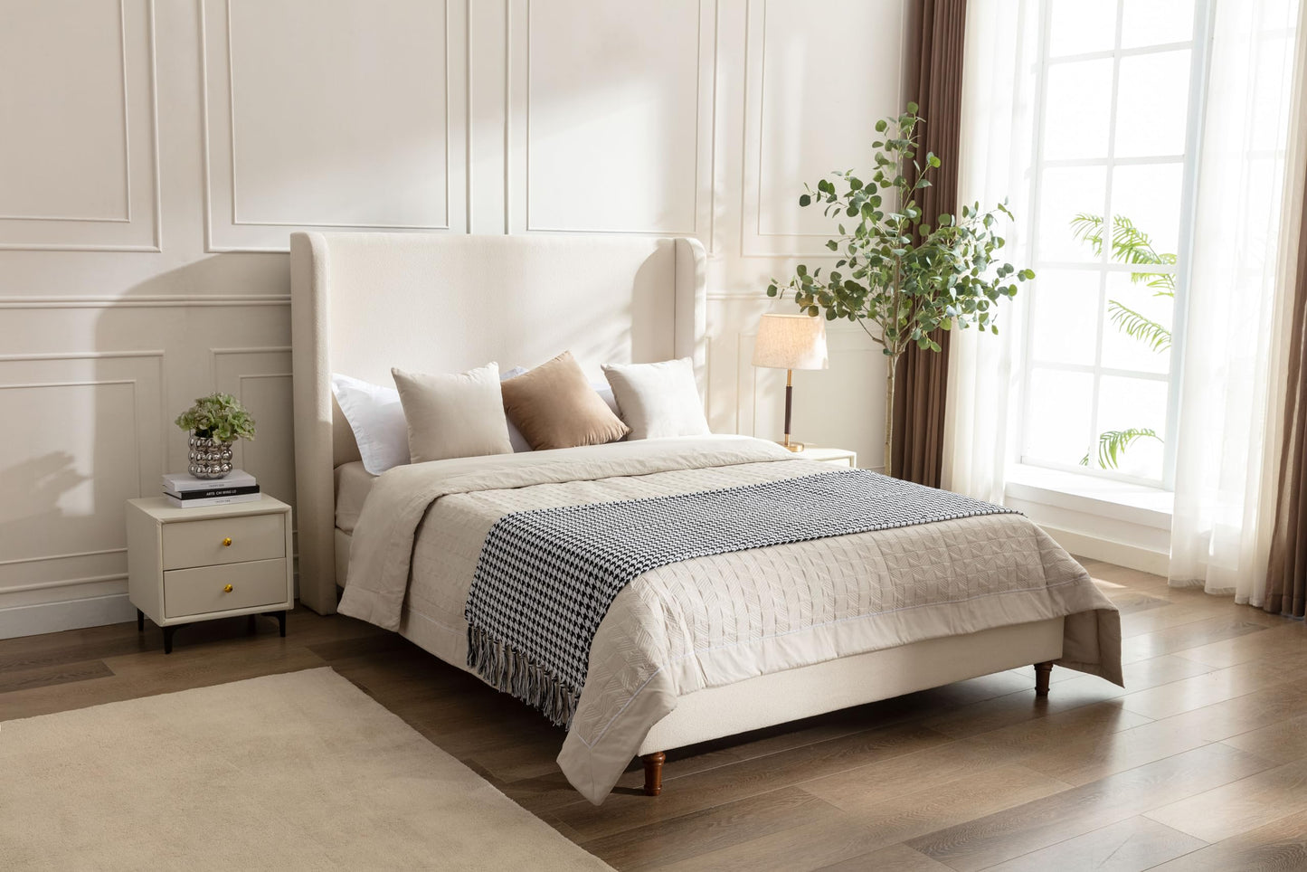 GDFStudio Tall Headboard Upholstered Bed,Queen Size Platform Bed Frame with Headboard Wingback,54" High No Box Spring Needed Easy Assembly Elegant Simplicity Ivory Boucle