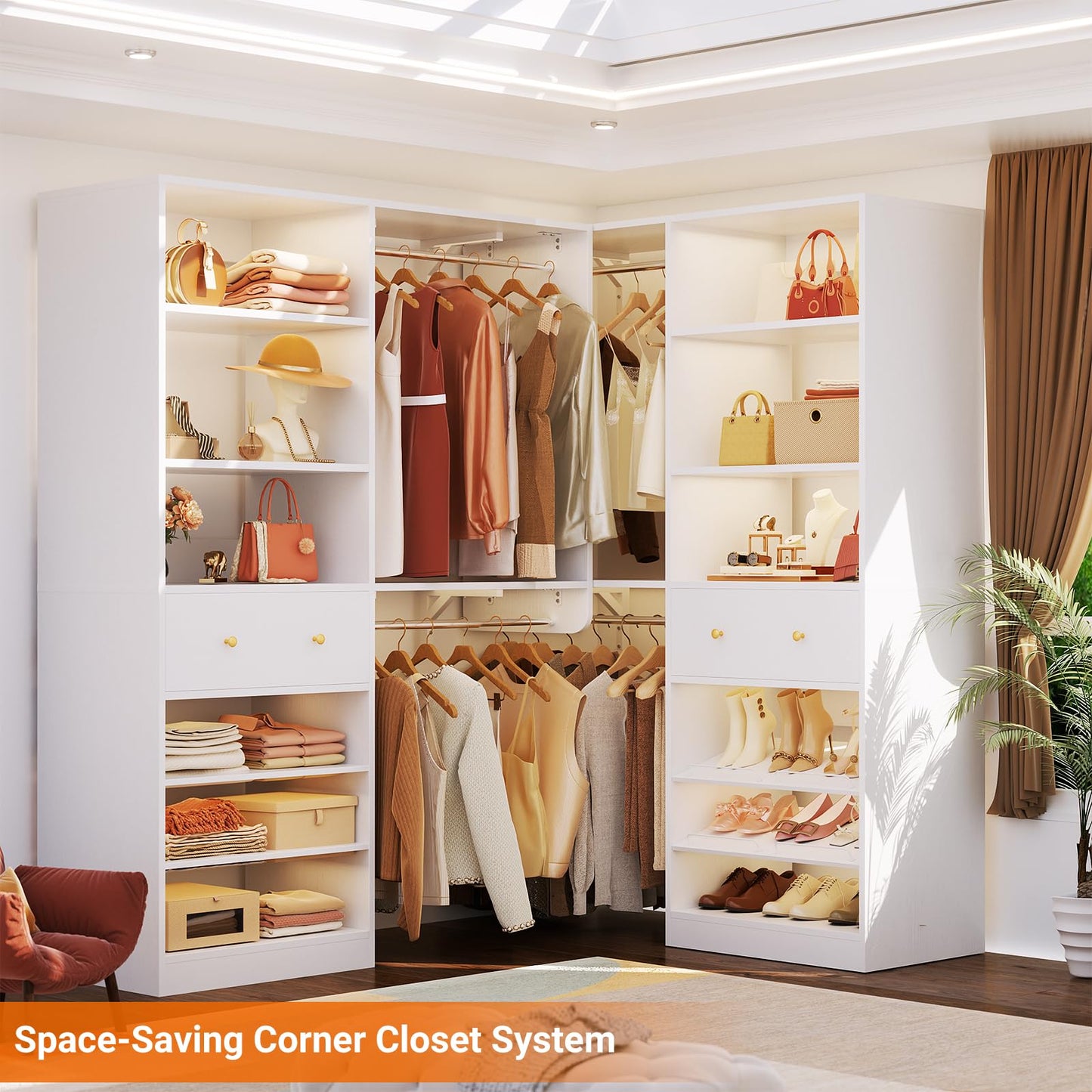 [10 FT Closet System] 120 Inch Reversible Set of 2 Wood Closet Organizer System with 2 Drawers, 4 Hanging Rods Adjustable Shelf, Walk In Closet Organizers with Shoe Rack, Garment Rack, White