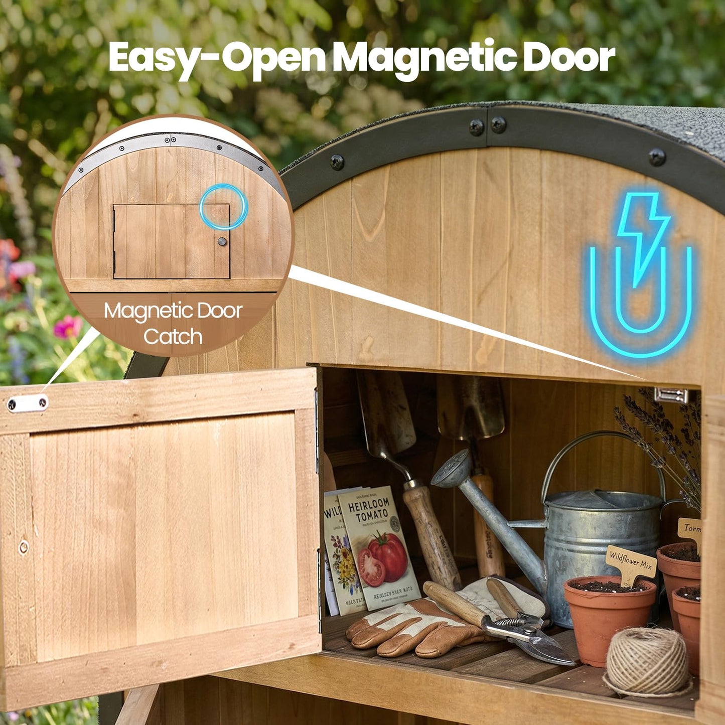 NORTHSKY All-in-One Shed Outdoor Storage, Waterproof Lockable Vertical Garden Shed Tool Cabinet, Solid Wood Storage Shed with Metal Frame & Domed Roof for Patio Backyard Garden Lawn Tool Equipment