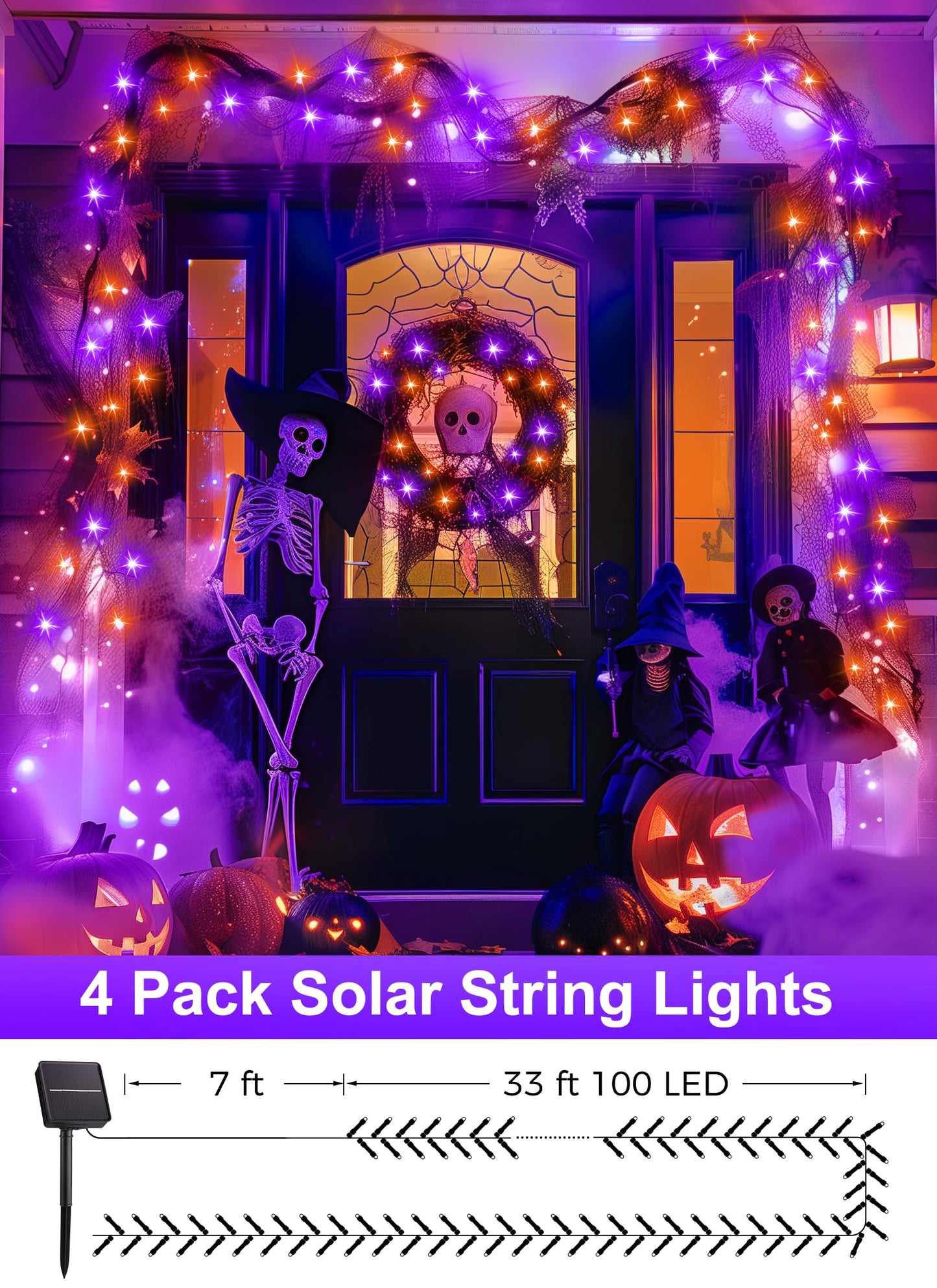 Minetom Halloween Solar String Lights - 400 LED, 8 Lighting Modes, IP65 Waterproof, 40 FT 4 Pack, Orange and Purple