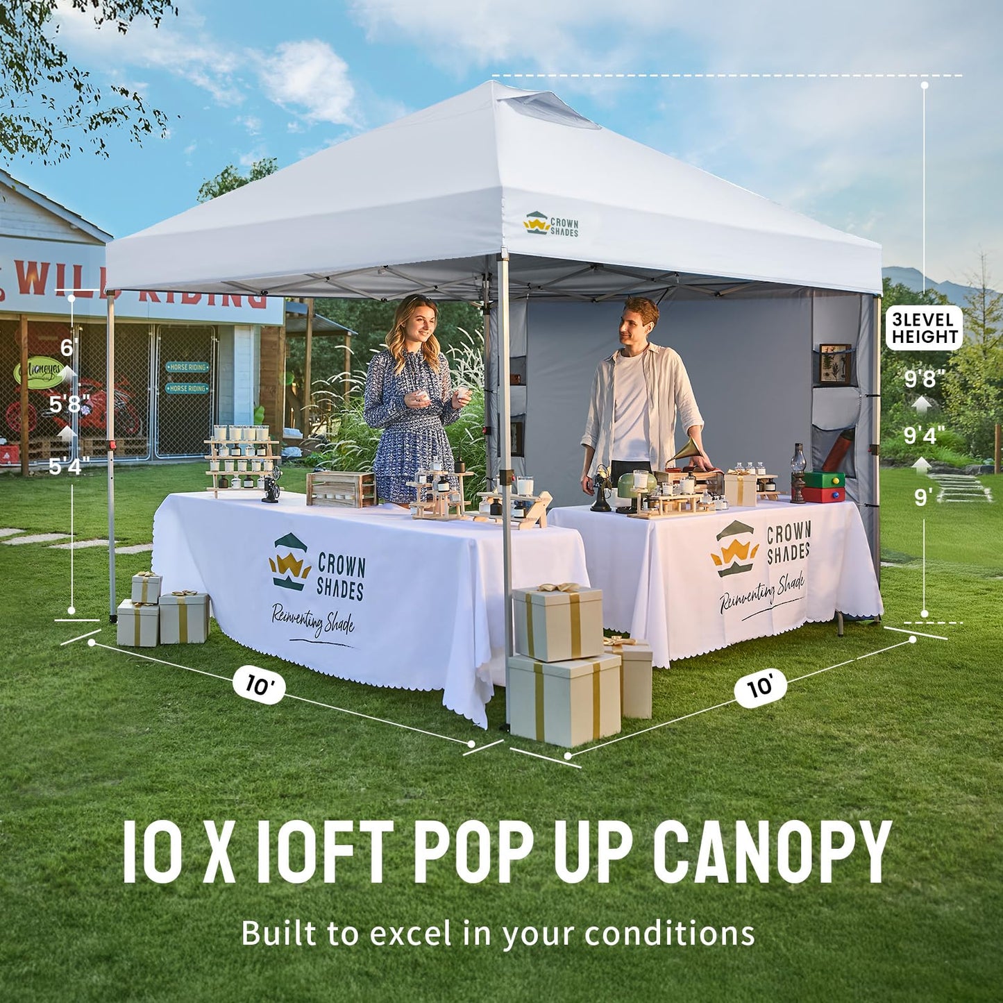 CROWN SHADES Canopy Tent 10x10 Pop Up Canopy Outdoor Shade with Pockets Sidewall, Easy Up Sun Shelter with One Person Set Up Center Lock, Portable Instant Camping Beach Canopy Tents, Grid White