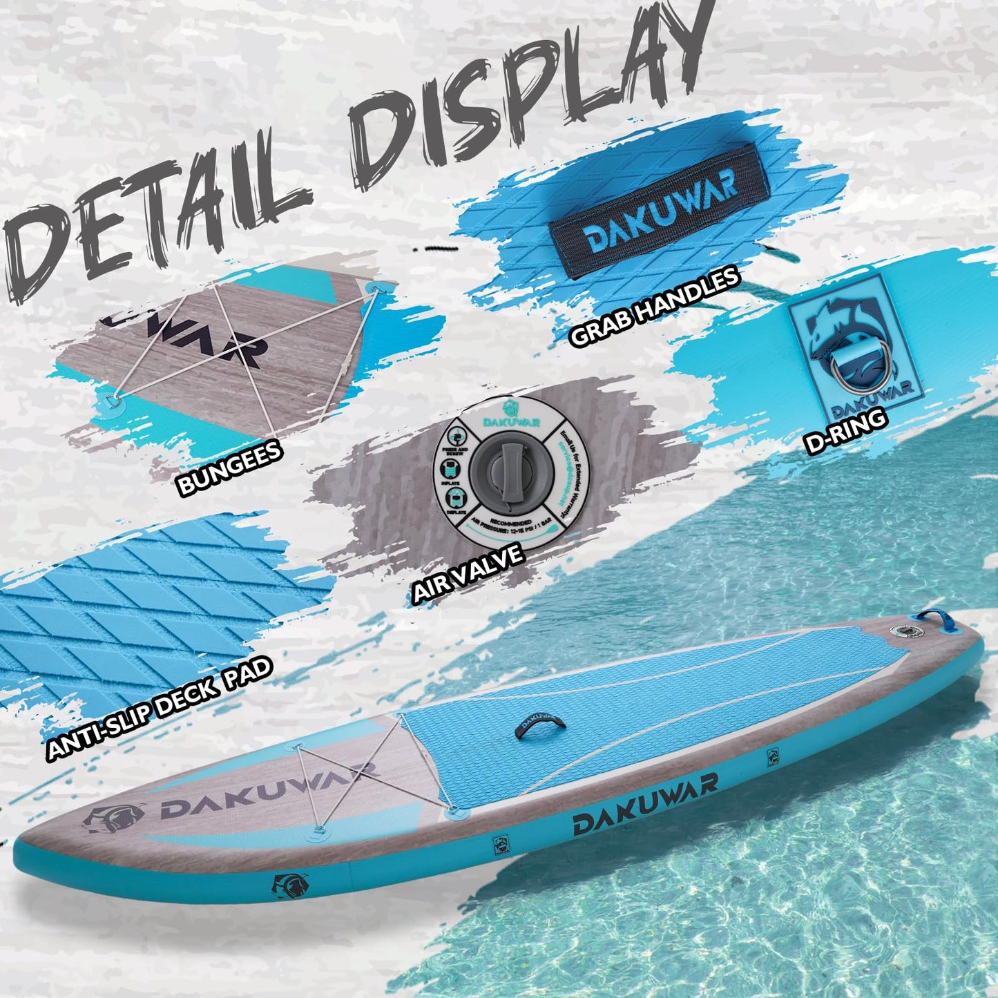 DAKUWAR Paddle Board 10'6''/10' Inflatable Stand Up Paddle Boards with SUP Accessories Ultra-Light Paddleboard Non-Slip Comfort Deck for Adults & Youth of All Skill Levels (Blue and Grey)