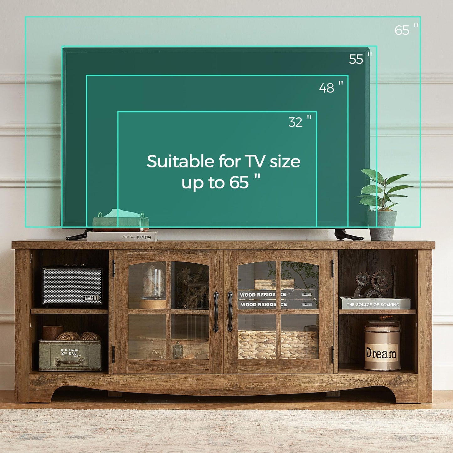 LINSY Home Farmhouse TV Stand for 65 Inch TV, Wood Entertainment Center with Glass Door Storage Cabinet & Adjustable Shelves, Large Sturdy Console Table for Living Room & Bedroom