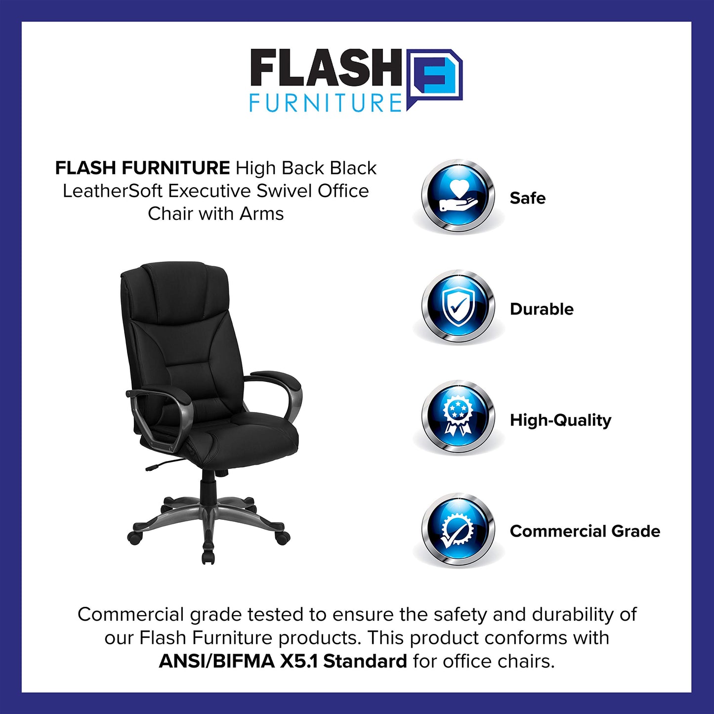 Flash Furniture High Back Black LeatherSoft Executive Swivel Office Chair with Arms 49.25 x 26.25 x 25
