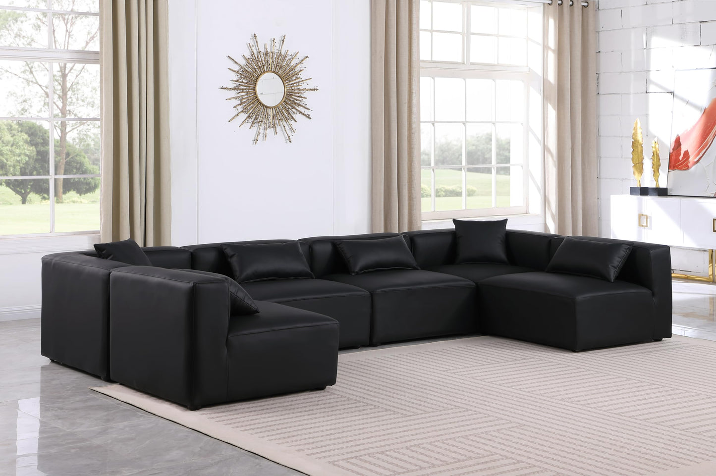 Meridian Furniture 668Black-Sec6D Cube Collection Modern | Contemporary Modular Sectional with Soft Black Vegan Leather, Modular to Create Infinite Configurations, 144" W x 72" D x 26" H, Black
