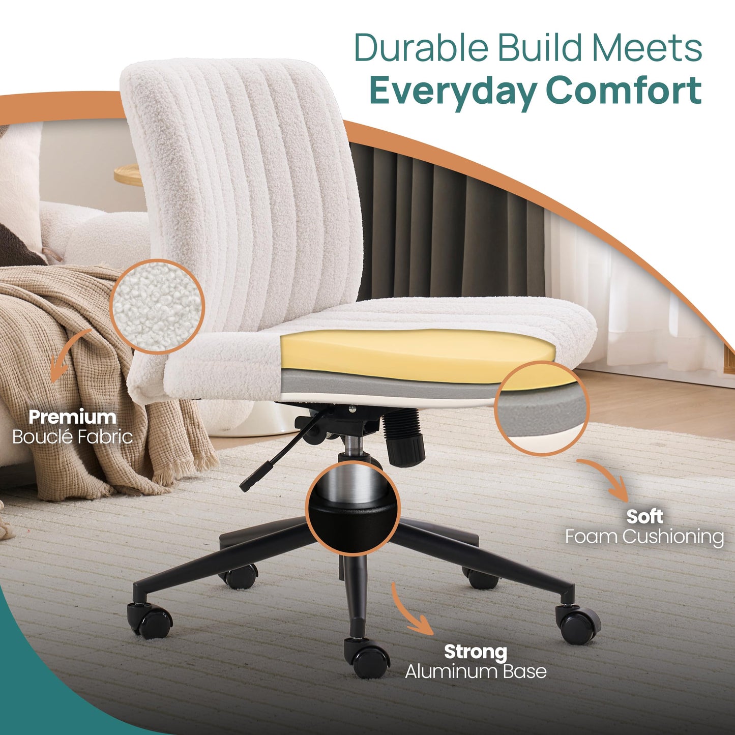 NYPOT Armless Desk Chair with Wheels for Criss Cross Sitting - Cross Legged Wide Armless Chair - Adjustable Vanity 360° Swivel Stool and 120° Rocking Wide Seat Comfy for Home and Office, White Sherpa