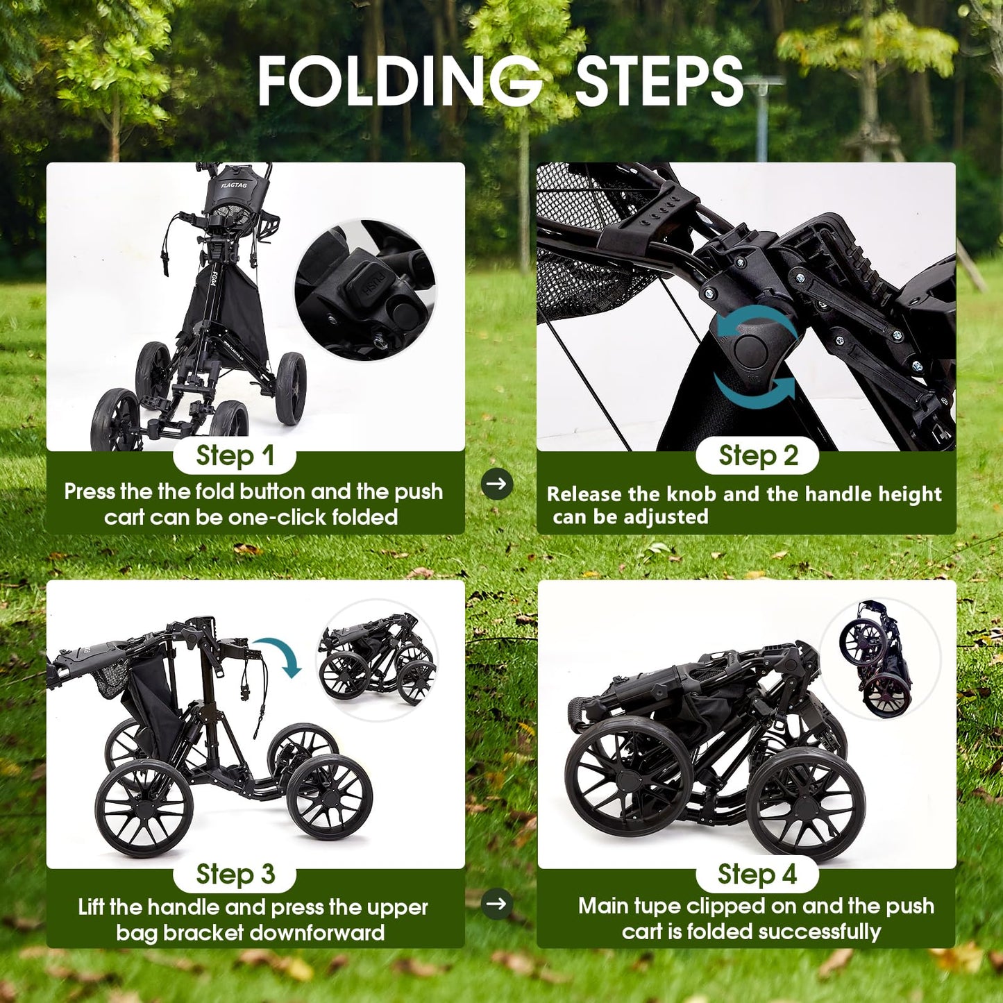 FLAGTAG Golf Push Cart 4 Wheels,Folding Golf Cart, Golf Pull cart with Cup Holder,Umbrella Holder,Cooler Bag, Foldable with one-Click,Handle Height Adjustable,Drink Holder,Walking Push cart