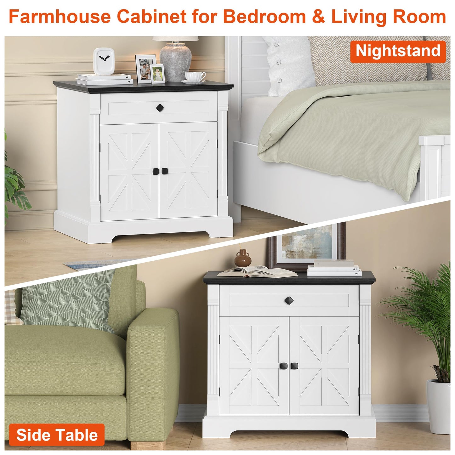 Bigbiglife 29.9" Large Printer Stand, Home Office Printer Cabinet with Drawer & Barn Doors, Wood Accent Cabinet Nightstand End Table for Living Room Bedroom, Black Top & White Finish