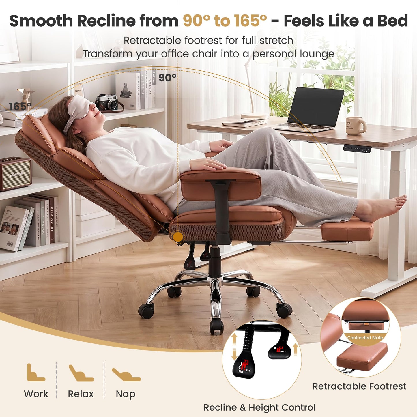 Stella Mia Big & Tall Executive Office Chair, Ergonomic High Back Heavy Duty Computer Chair with Retractable Footrest and Wide Seat, Brown 2 Pack
