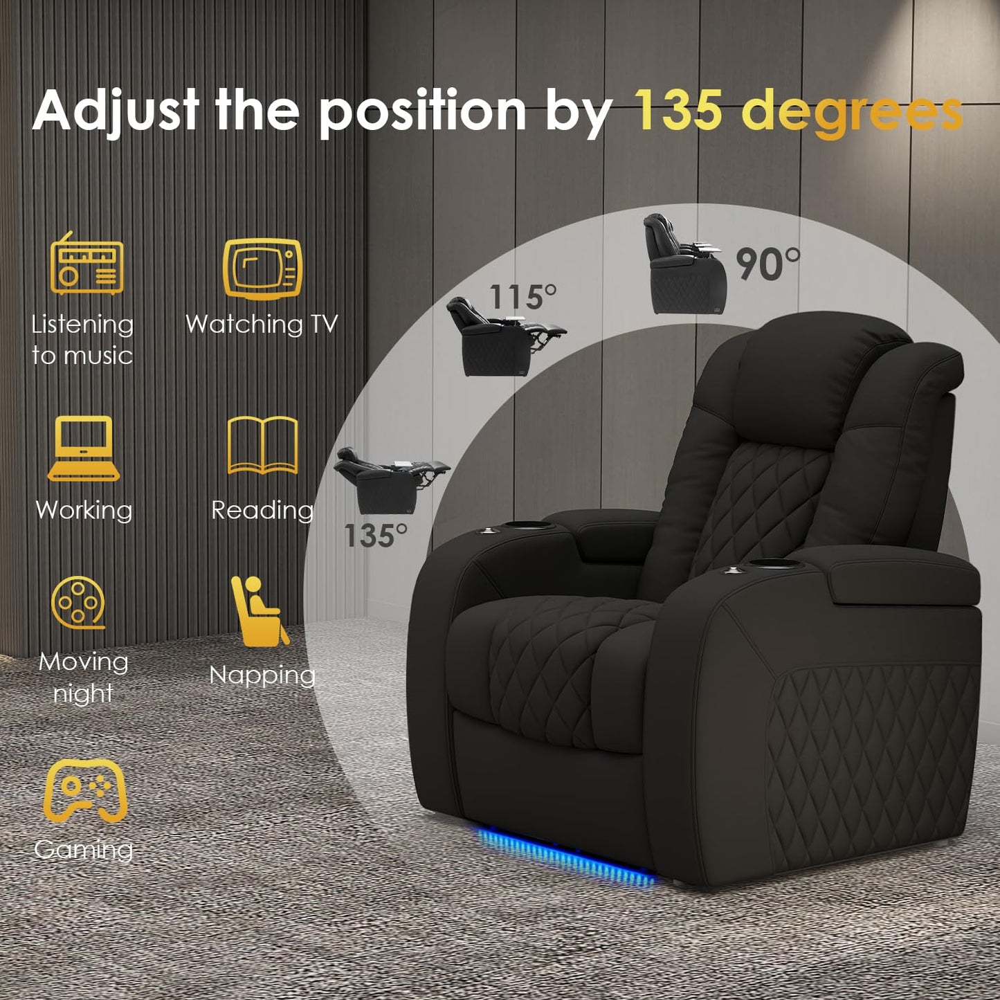 PBRO Home Theater Seating Top Grain Leather Recliner Chair, Movie Theater Chair Sofa with Power Reclining & Headrest USB Charger Ports Ambient Lighting, Black Single Seat for Home