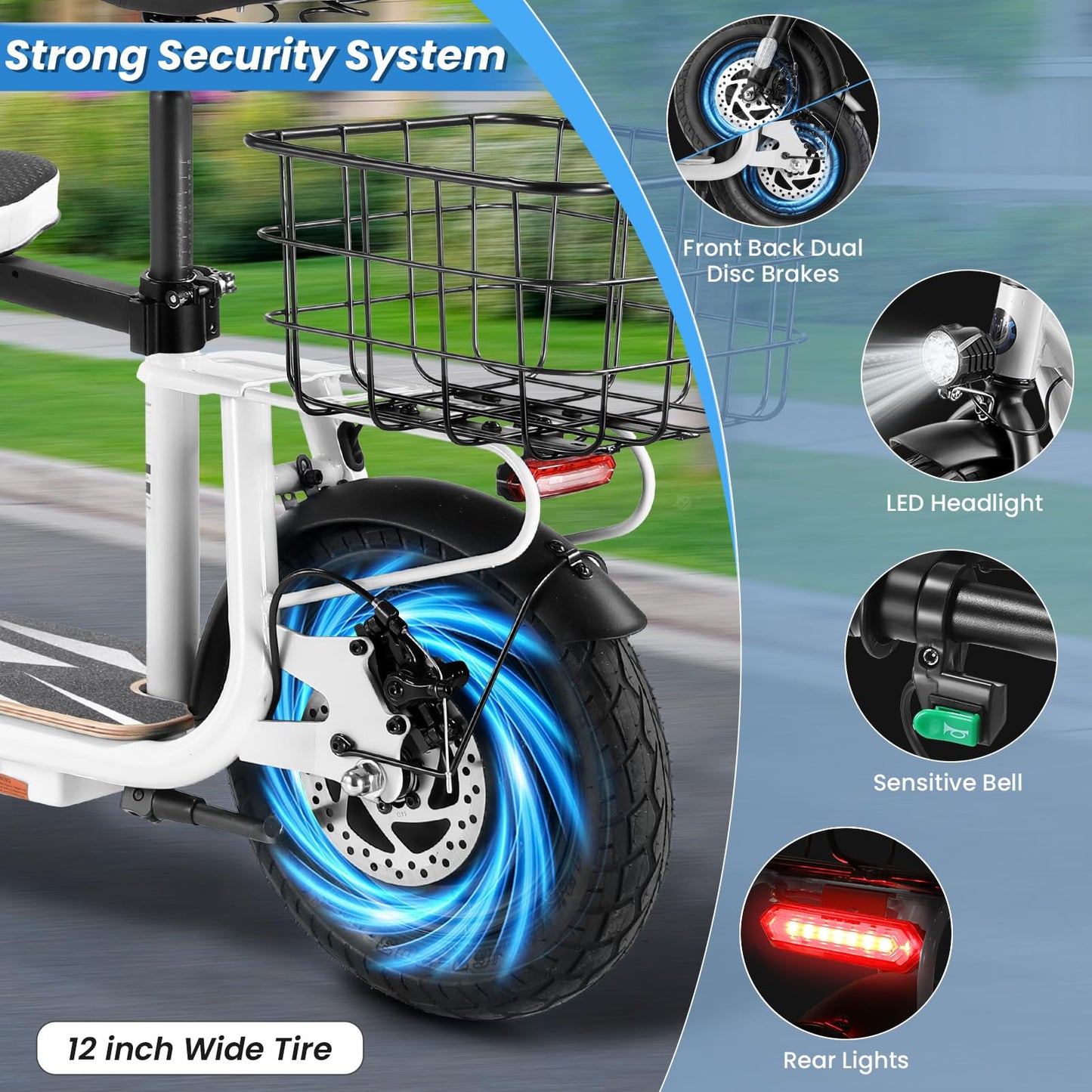 Caroma 1200W Peak Electric Scooter with Seat for Adults, 30 Miles Max Range Electric Scooter for Teens, 20mph Top Speed Foldable Commuter Ebike, Adjustable E-Scooters with Basket