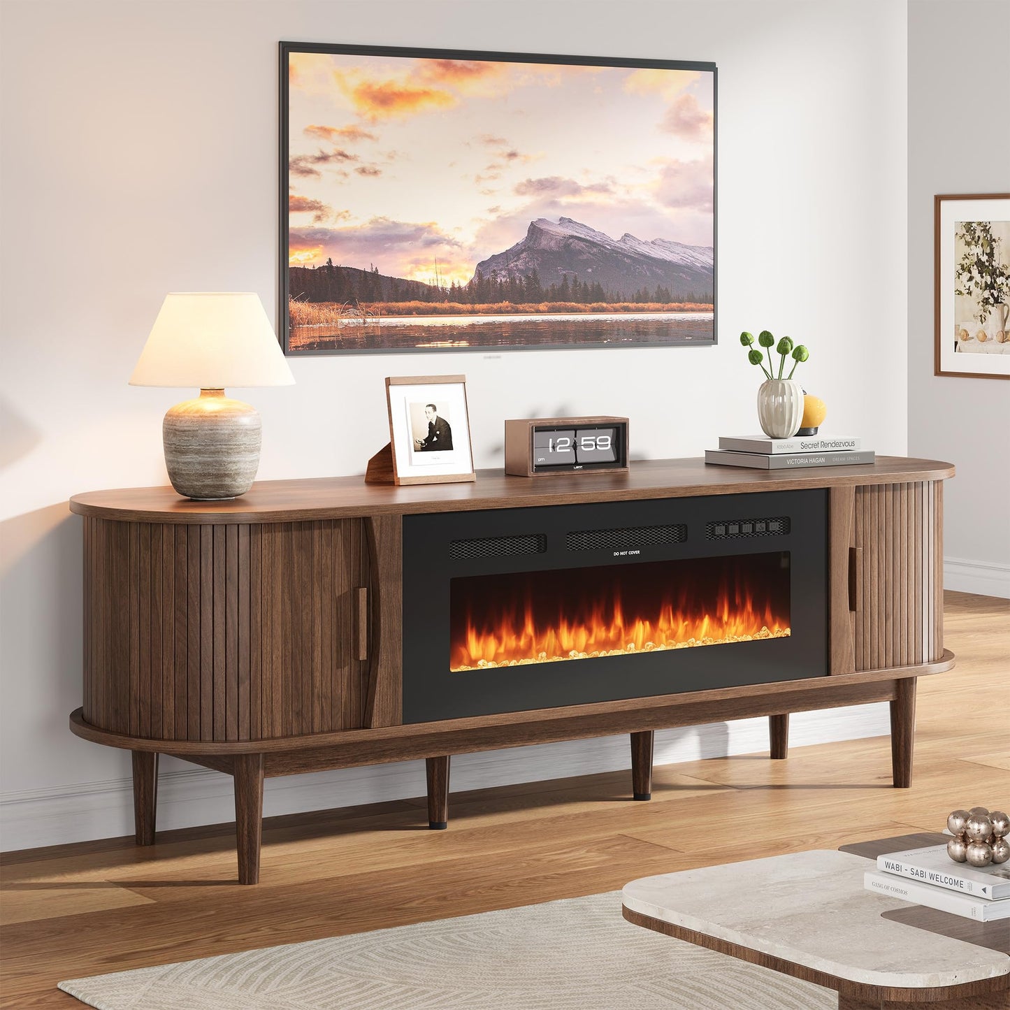 Decofy 70'' Fluted Fireplace TV Stand for 80'' TVs, Entertainment Center with Adjustable Shelves, TV Stand with 36" Electric Fireplace for Living Room, Walnut