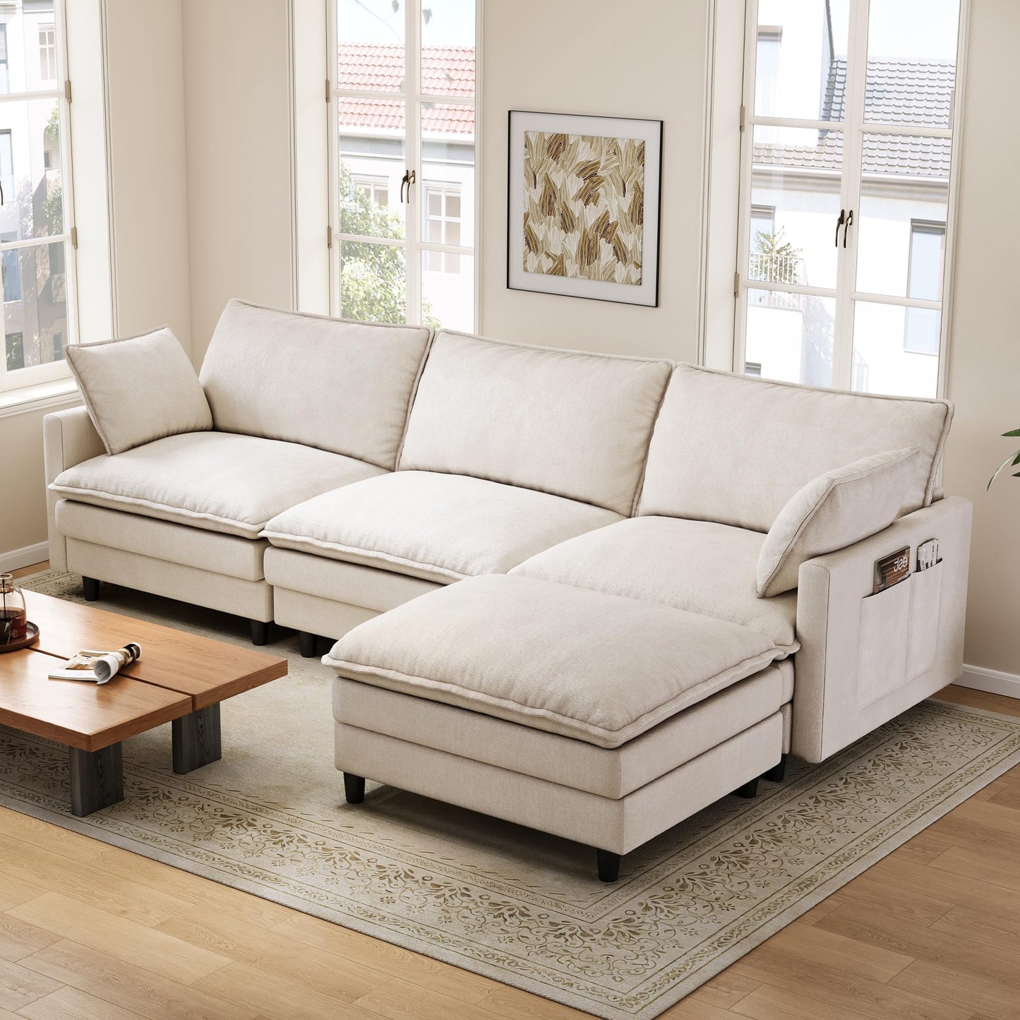 FAVSH 102'' L-Shaped Modular Sectional Sofa, 3-Seater Cloud Couch with Movable Ottoman, Deep Seat Chenille Upholstery, USB & Type-C Charging, Foldable Side Table for Living Room Apartment, Beige