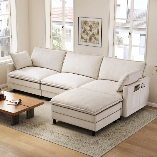 FAVSH 102'' L-Shaped Modular Sectional Sofa, 3-Seater Cloud Couch with Movable Ottoman, Deep Seat Chenille Upholstery, USB & Type-C Charging, Foldable Side Table for Living Room Apartment, Beige