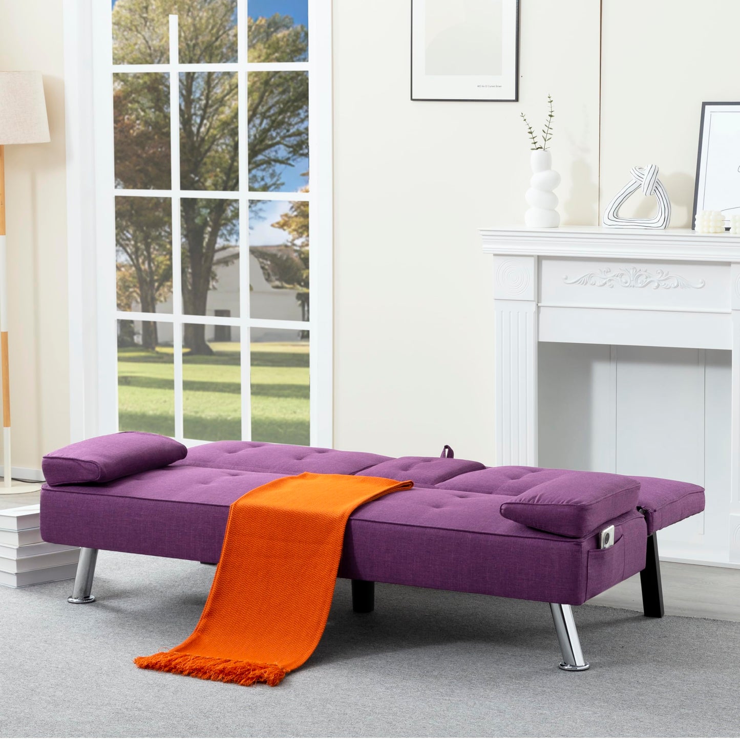Trygoal Linen Futon Sofa Bed, Small Futon Couch Bed with Adjustable Armrest and Tufted Back, Convertible Sofa Beds with Adjustable Backreat for Small Spaces, Living Room, Apartment, Purple