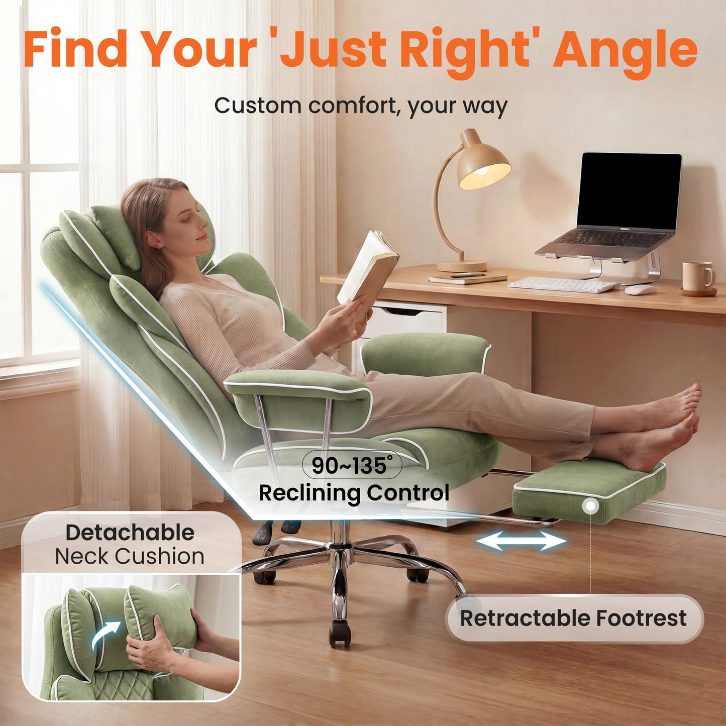 NEO Chair Big and Tall Offie Chair Gaming Computer Chair High Back Heavy Duty Desk Chai with Lumbar Support Adjustable Recliner Footrest Wide Seat Fabric Executive Home with Wheels (Fabric Green)