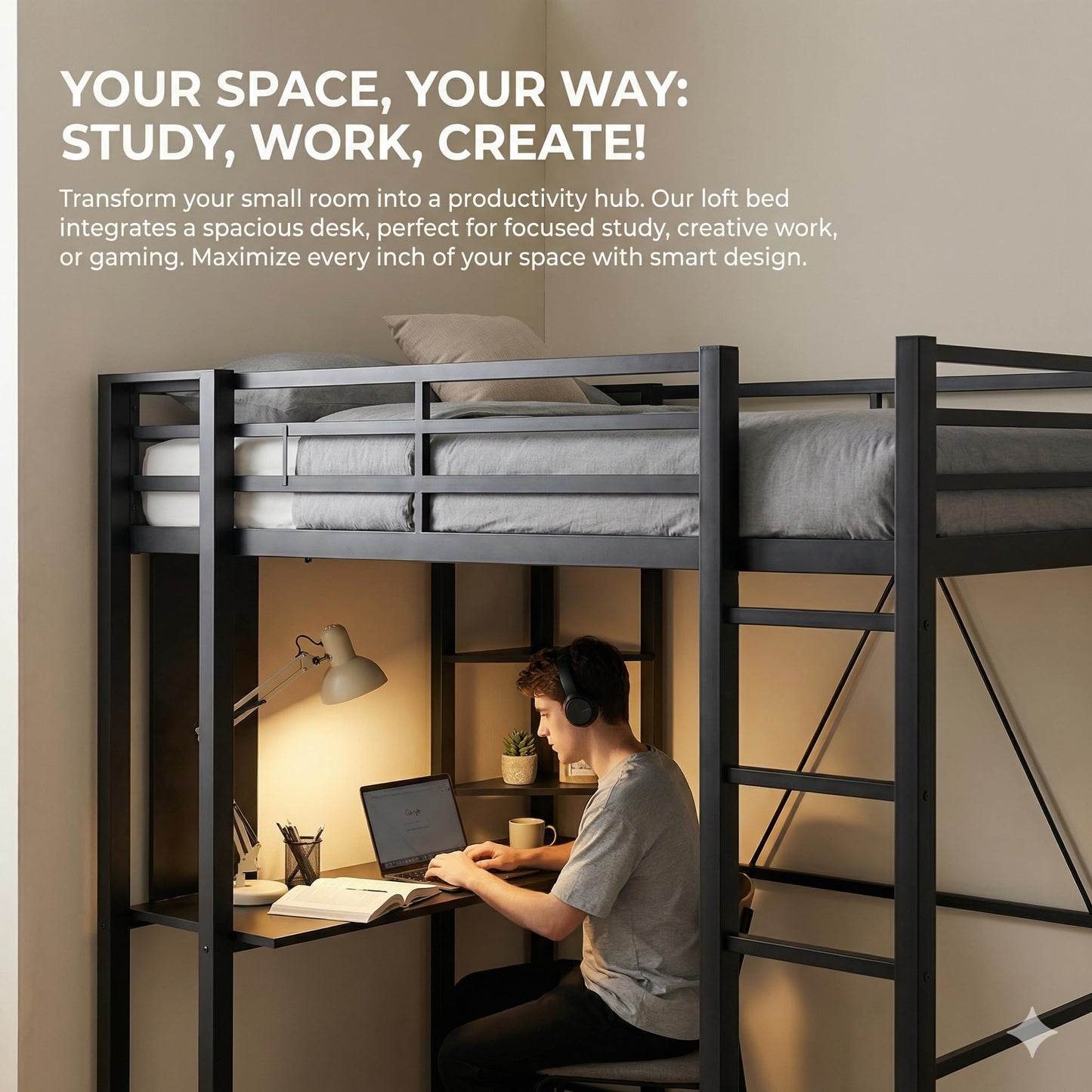 SUNLEI Loft Bed with Desk, Metal Loft Bed Full Size with 2 Built-in Ladders, Space-Saving Bed Frame, with Safety Guard, Noise Free for Small Bedroom, (Full Size) Black