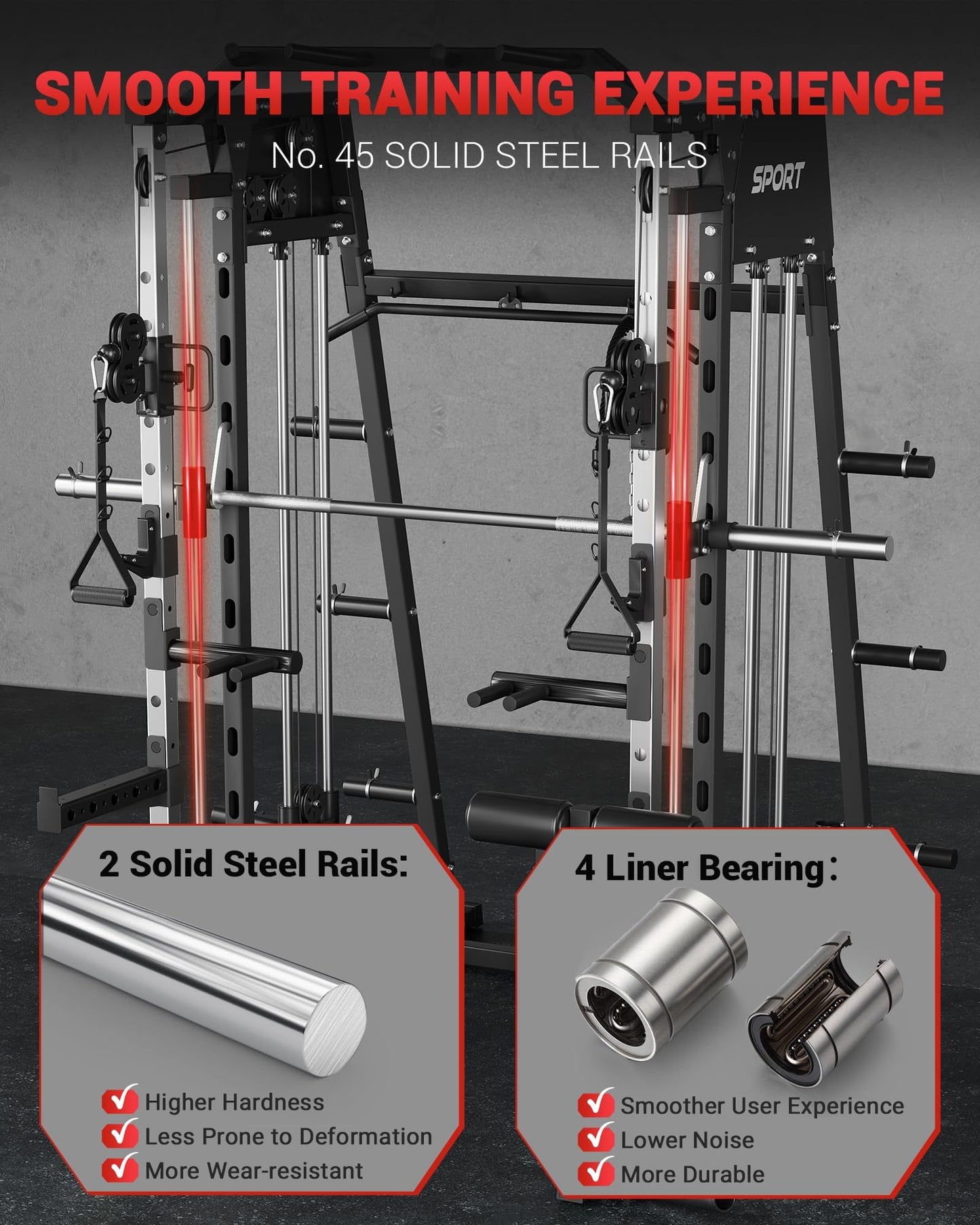 GarveeLife Smith Machine Home Gym All in One, 2200 LBS Squat Rack Power Cage with Smith Bar, LAT Pull-Down, Cable Systems, Leg Hold-Down and More Attachments, Workout Equipment (Black)