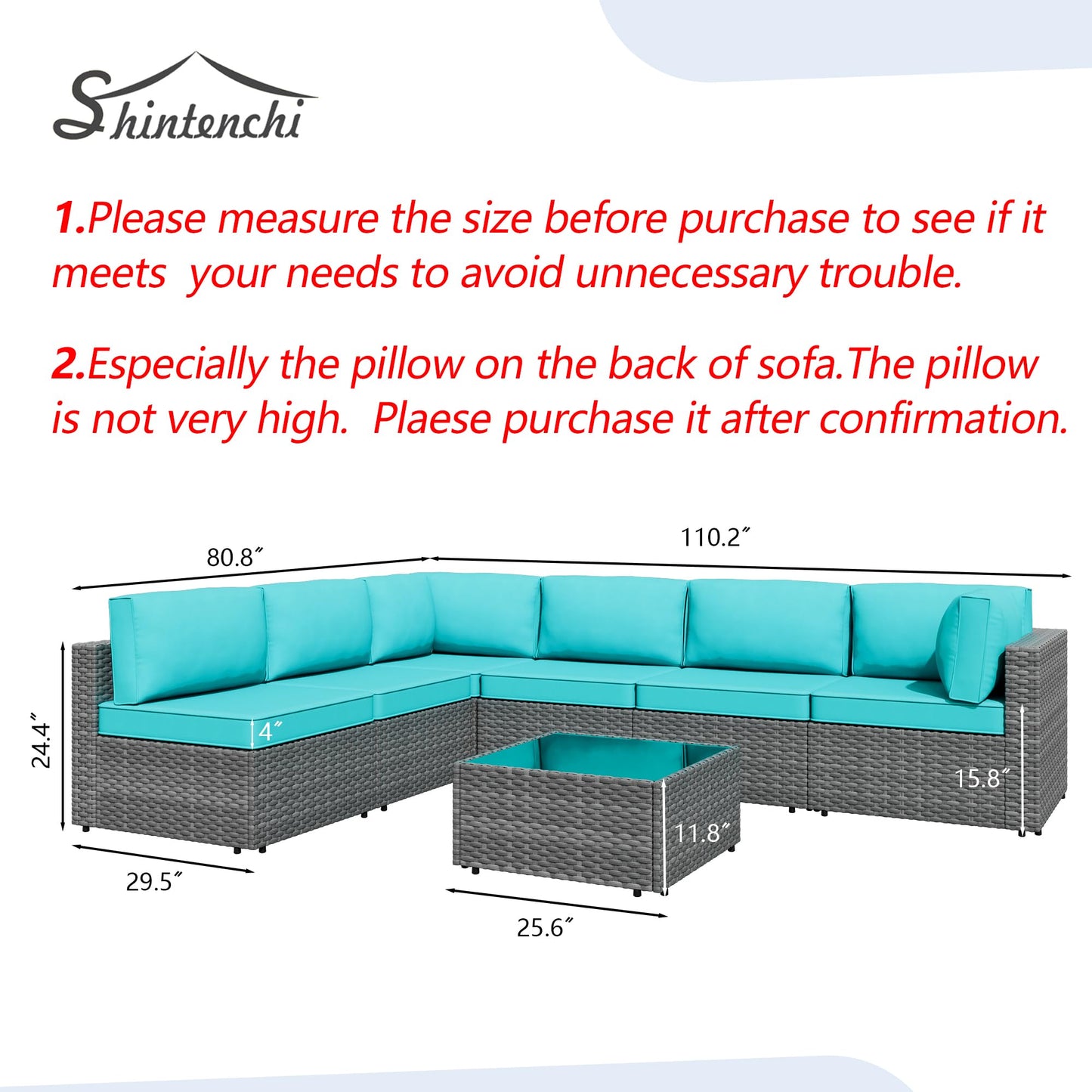 Shintenchi 7 Pieces Outdoor Patio Furniture Sets, Patio Sectional Sofa Couch, Silver Gray PE Wicker Furniture Modular Patio Conversation Sets Patio Sofa with Washable Cushions & Coffee Table (Blue)