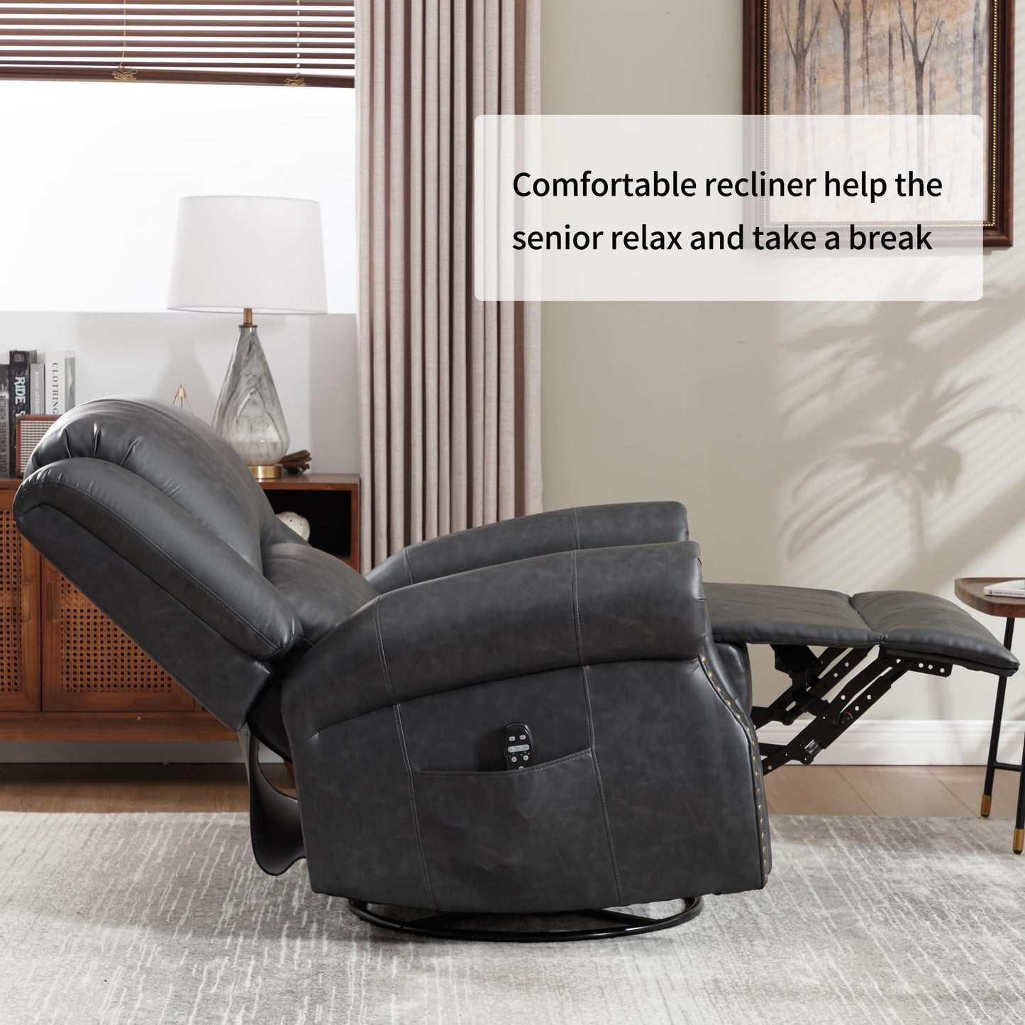 KEIKI Faux Leather Heat Massage Manual Recliner Chair with Square Arms and Cushion Back, for Elderly, Modern Style Oversized Swivel Reclining Sofa Chairs, Easy Assembly, for Living Room, Grey