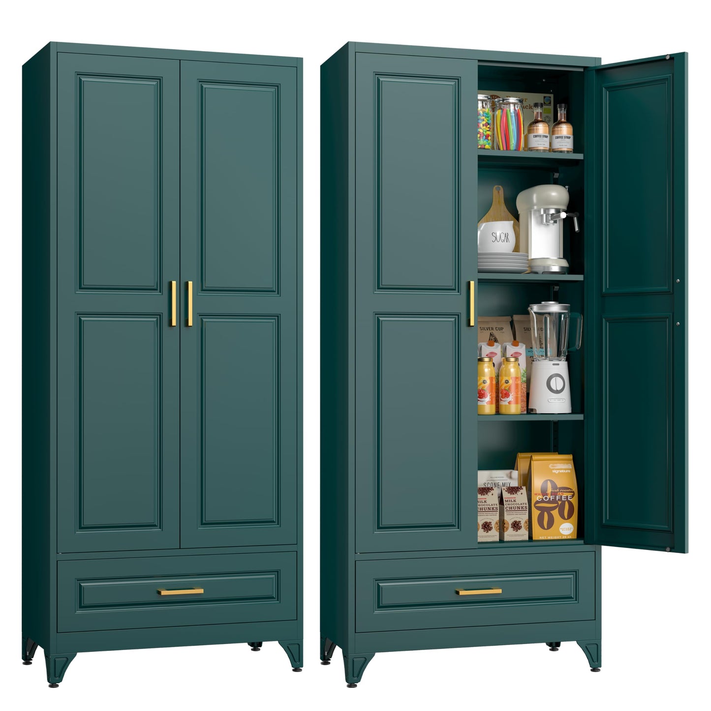 MetalMax 75" Tall Metal Storage Cabinet, Kitchen Pantry Storage Cabinets with Doors and 3 Shelves, Food Pantry Cabinet with Drawer, Utility Kitchen Cupboard, Large Steel Cabinets for Dining, Green