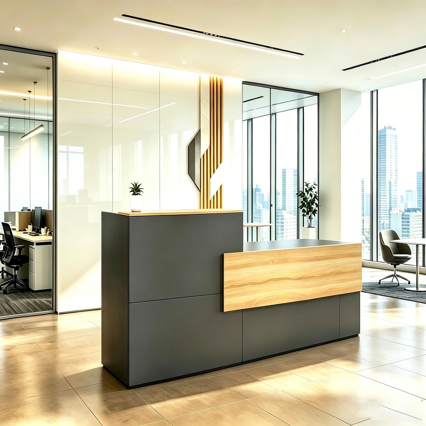NBEETISM Black L-Shaped Reception Desk – 87 Inch Commercial Front Counter with Storage Rack & Cable Grommet, Heavy Duty Receptionist Desk for Office, Salon, Hotel Lobby