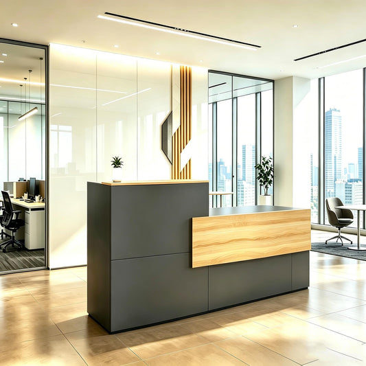 NBEETISM Black L-Shaped Reception Desk – 87 Inch Commercial Front Counter with Storage Rack & Cable Grommet, Heavy Duty Receptionist Desk for Office, Salon, Hotel Lobby