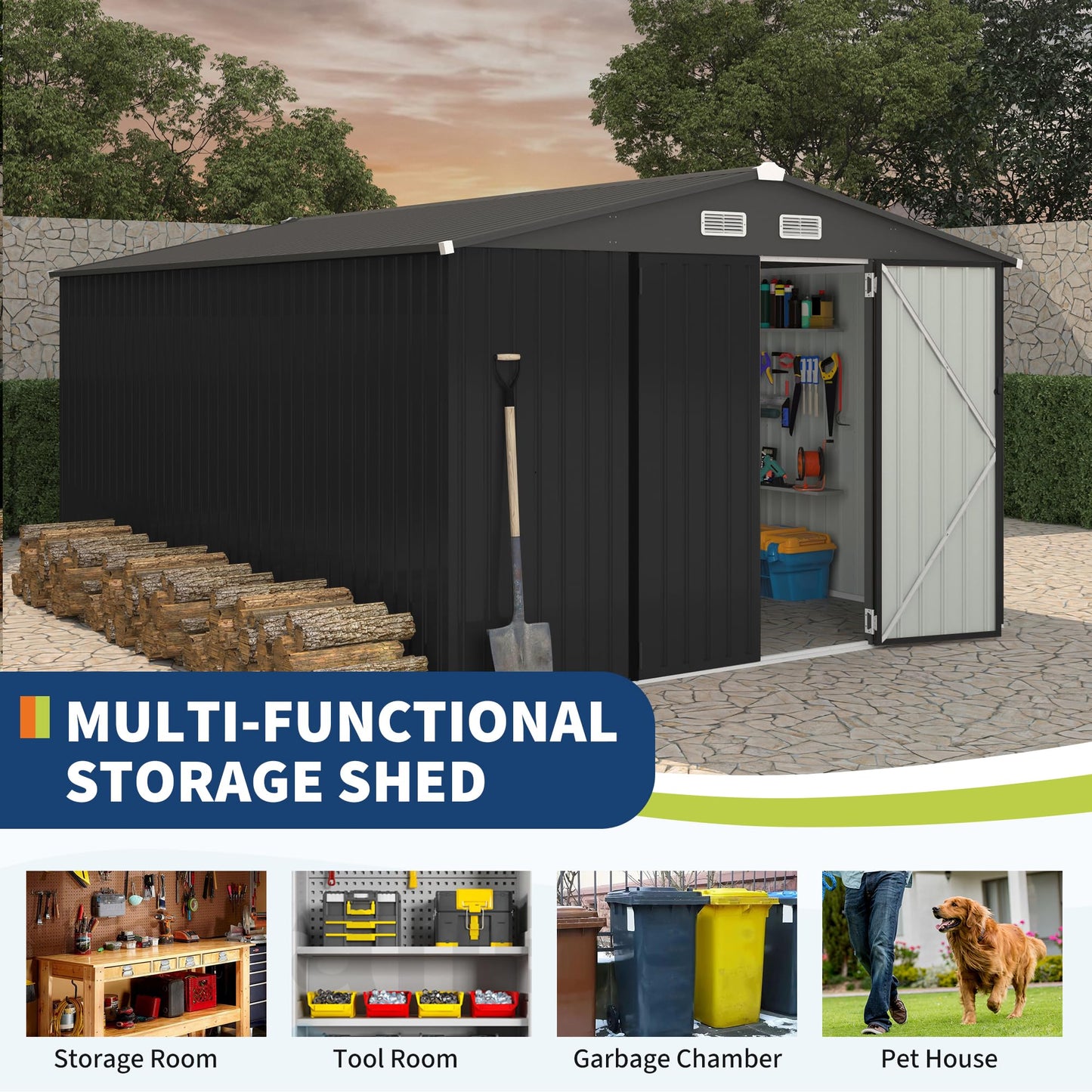 10X14 FT Metal Storage Sheds Outdoor, Metal Yard Sheds Garden Shed Kit, Tool Shed with Lockable Door, Utility Sheds Buildings with Air Vent for Backyard Garden Patio Lawn