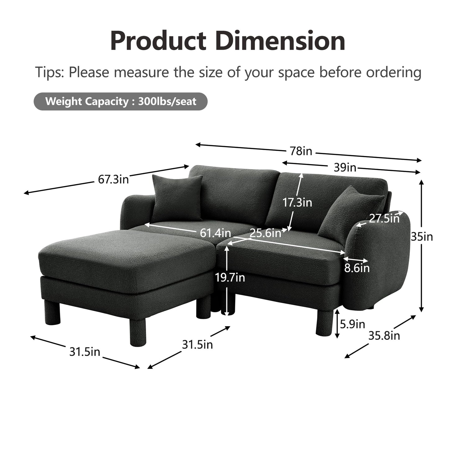 Eafurn 78" Modular Sectional Loveseat Sofa, Comfy L Shaped Sofa Couch, Boucle Chenille Love Seat Modular Sectional Couch with Movable Ottoman for Living Room, Bedroom