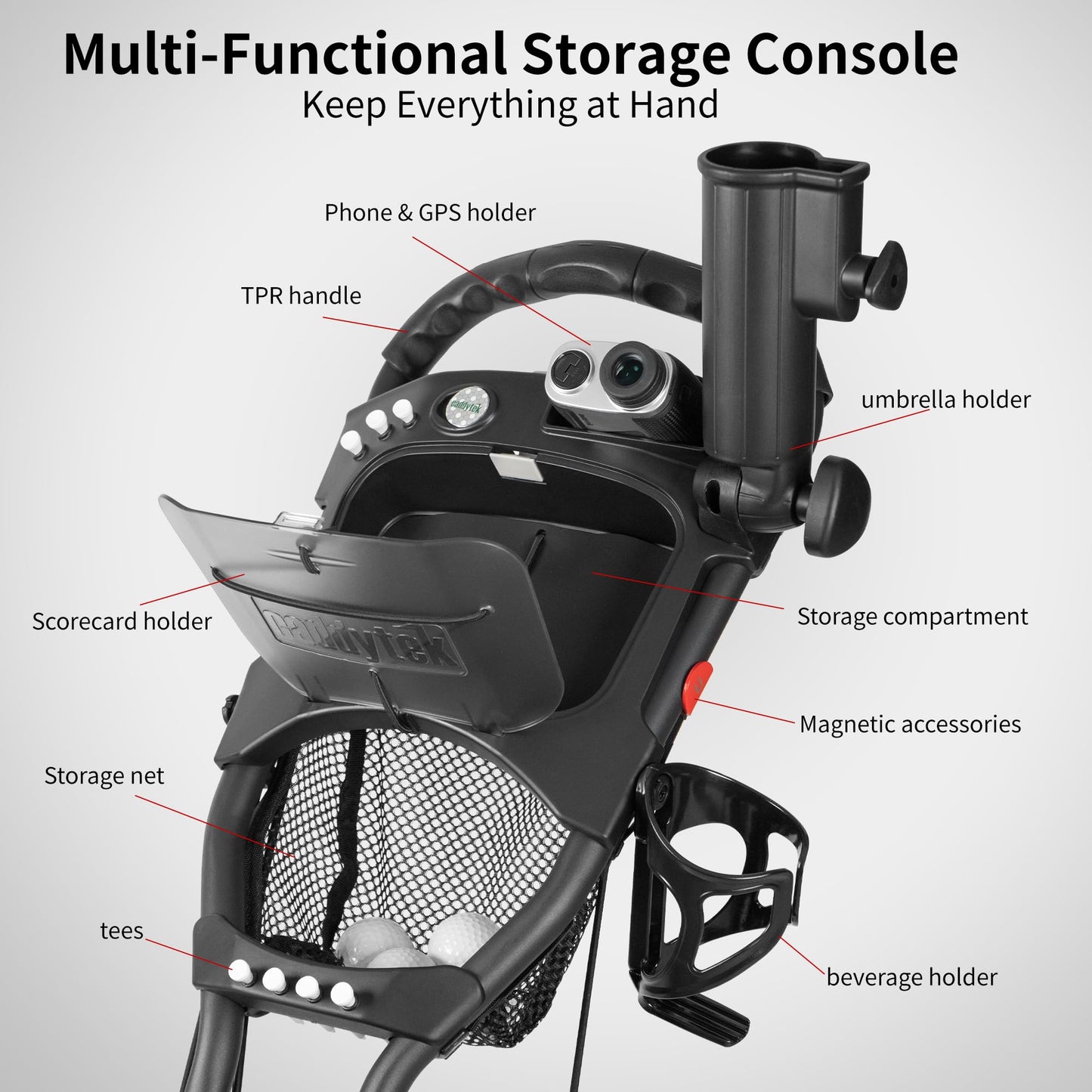 Caddytek CaddyLite One Swivel V8 Golf Push Cart - 3 Wheel Lightweight Folding Trolley with 360° Swivel Front Wheel, Cooler Basket, Umbrella and Drink Holder, Adjustable Handle