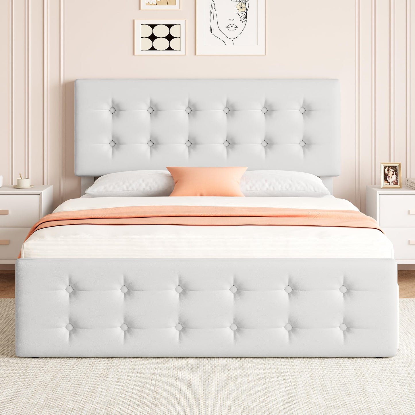 GarveeHome Full Size Bed Frame with 4 Storage Drawers and Headboard, Faux Leather Upholstered Platform Bed Frame with Wooden Slats Support, Button Tufted Design, No Box Spring Needed, White