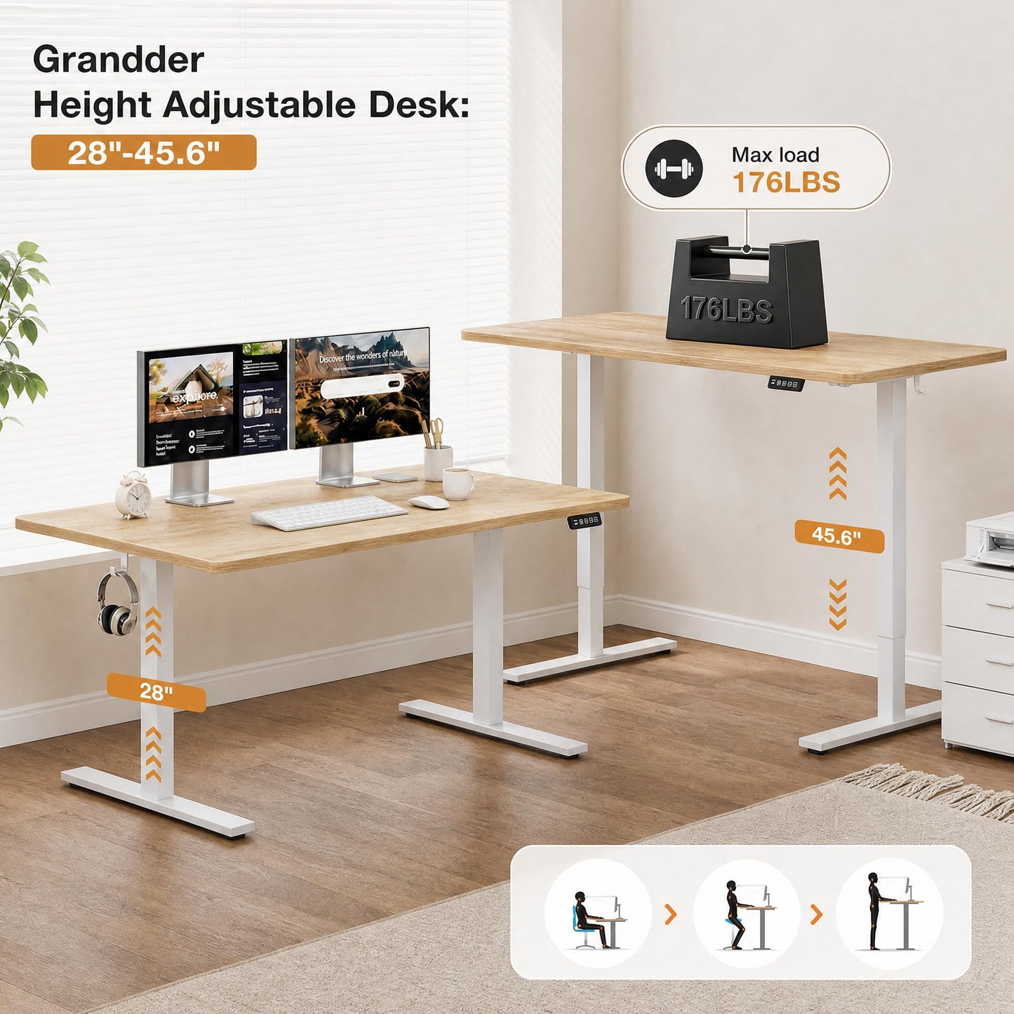 Grandder 55x32 Extra-Deep Electric Standing Desk, Wide Desktop Fits 49" Ultrawide Monitor+Dual Screens, 176 lbs Capacity, 2 Memory Presets, Anti Collision, Computer Desk for Home Office & Gaming, Oak