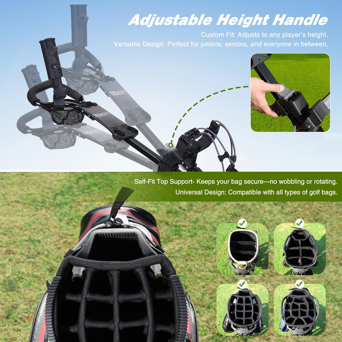 Tedycatt 360 Golf Push Cart: Lightweight Folding Swivel 3 Wheels Golf Caddy with Foot Brake, Cooler Bag, Drink& Umbrella Holder, Black Frame Gray Wheels