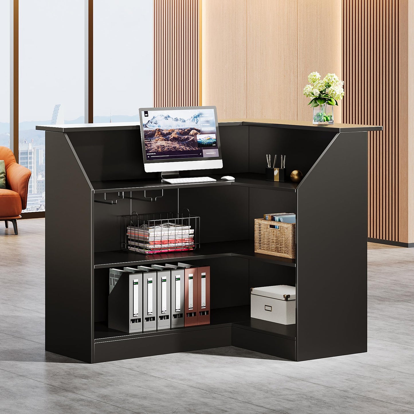 Tribesigns Reception Desk with Storage Shelves, L-Shaped Modern Front Desk, Reception Counter Table for Small Office, Salon, Checkout Office, Black