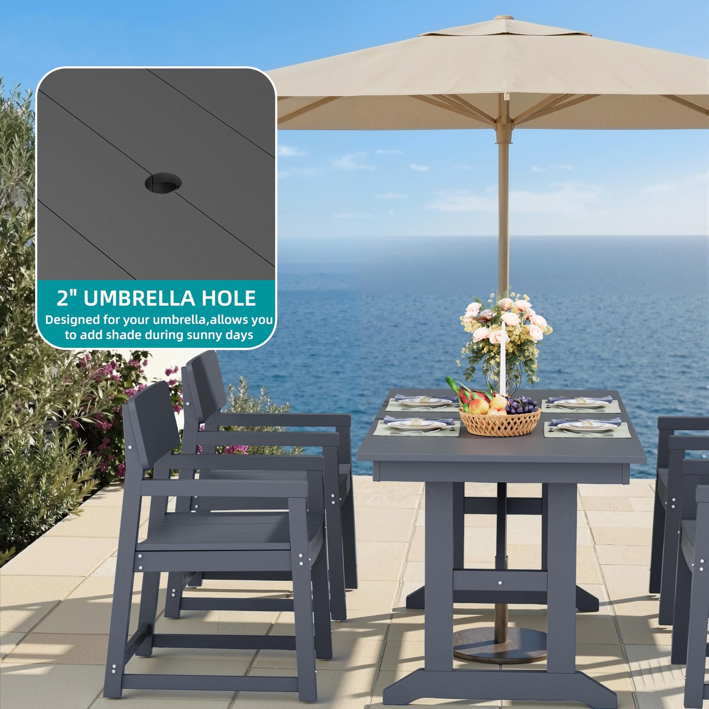 Shintenchi 7 Pieces Outdoor Dining Set,HDPE Outdoor Table and Chairs Set for 6,All Weather Patio Furniture Sets with Umbrella Hole,Modern Wooden Textured Dining Sets for Backyard,Garden,Dark Grey