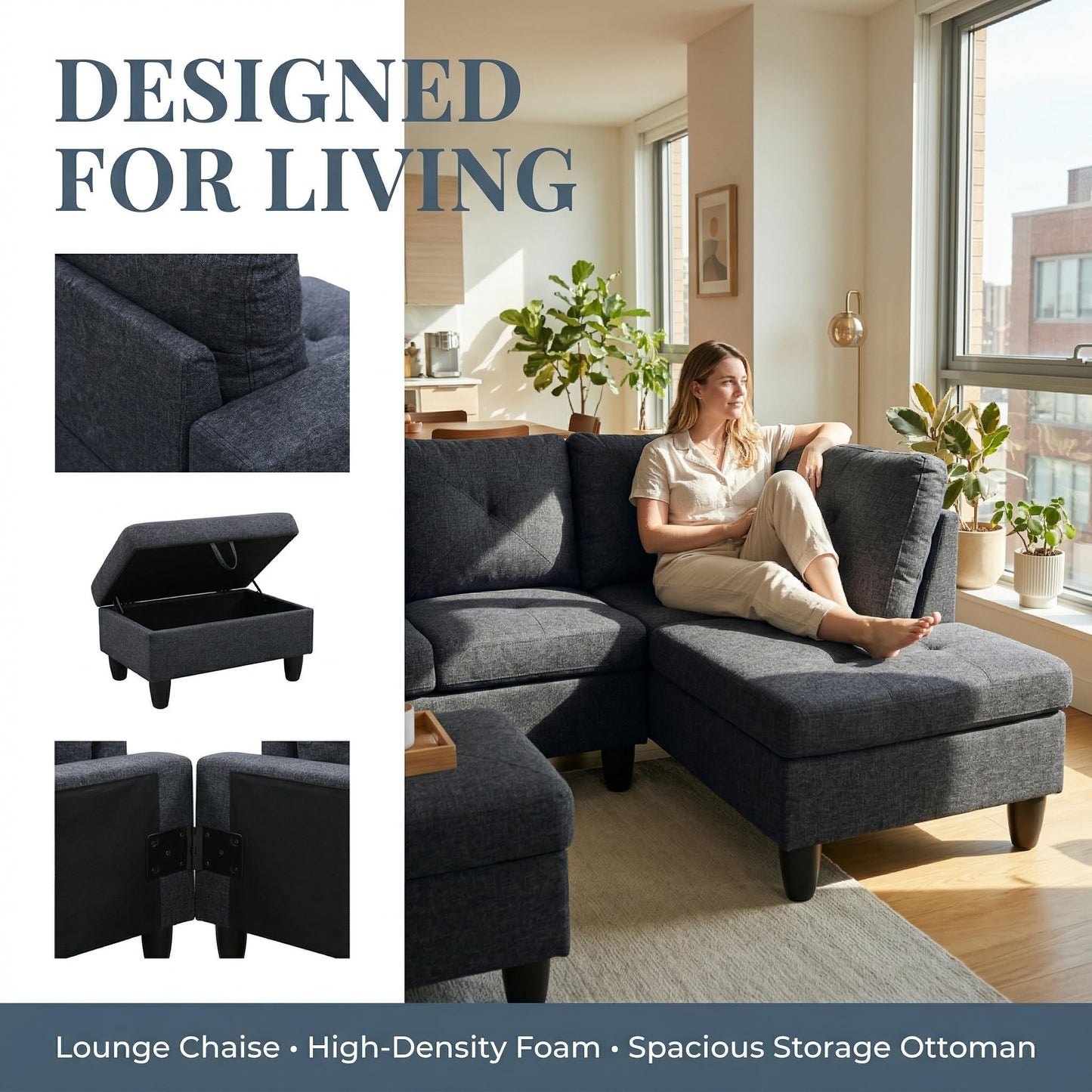 NicBex Sectional Couch 3 Pieces Sofa Set, L-Shaped Modular Couches for Living Room, Furniture Sets with Lounge Chaise & Storage Ottoman, Multi-Scene Use for Apartment & Office, Black Grey