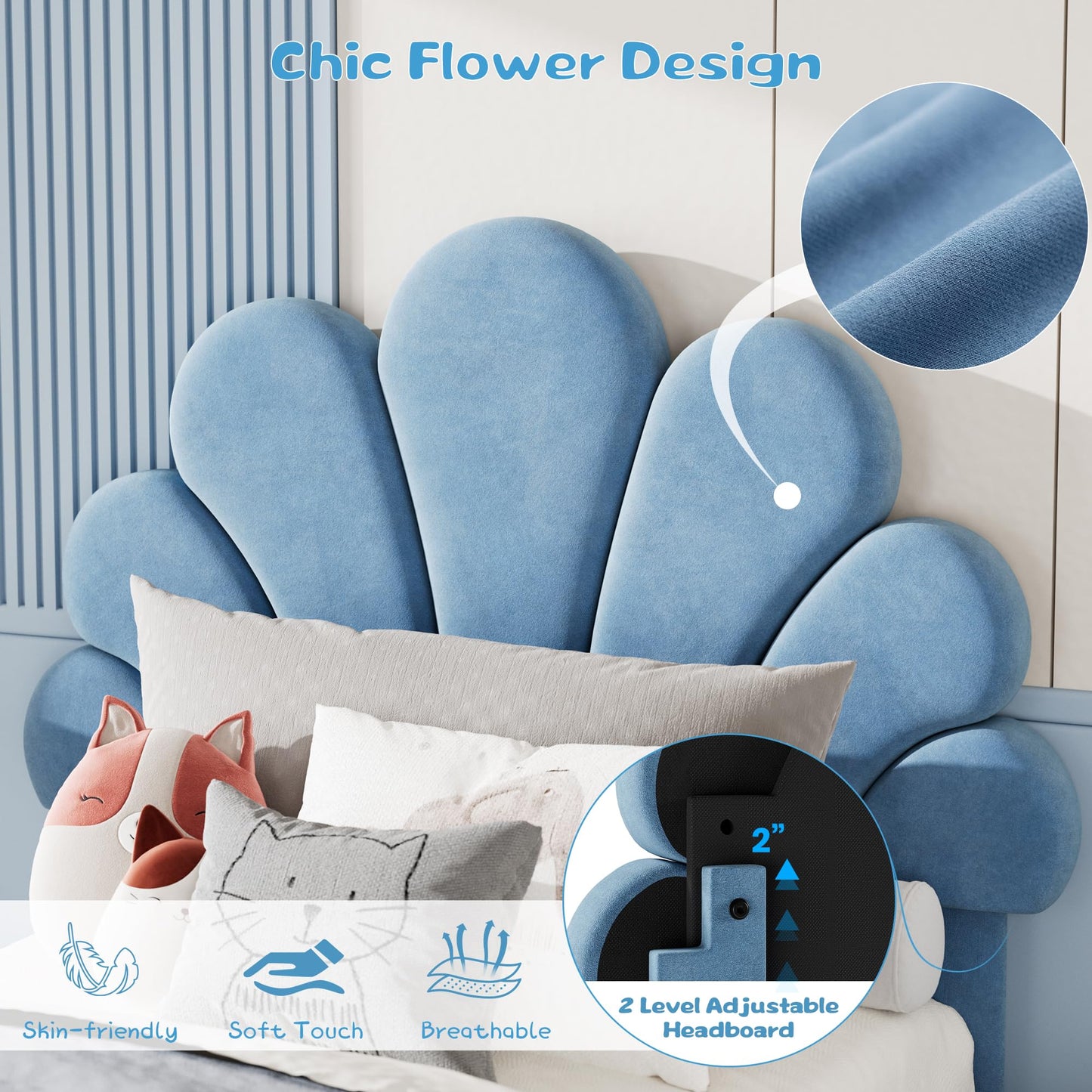 Twin Size Bed Frame for Kids - Cute Princess Style Velvet Headboard with 2 Storage Drawers, Upholstered Platform Bedframe with Solid Wood Slats Support, No Box Spring Needed, Easy Assembly, Blue