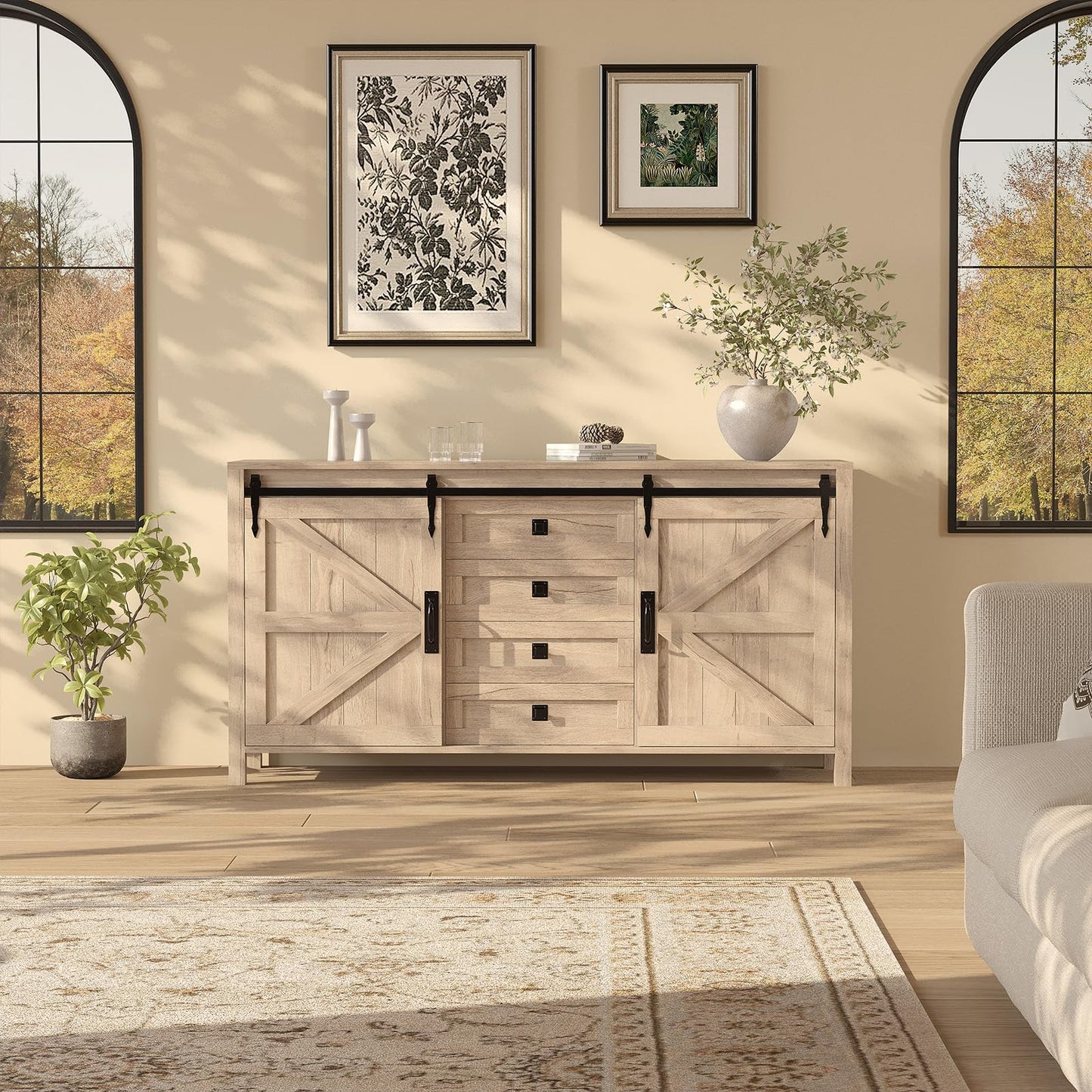 Garvee Farmhouse Sideboard Buffet Cabinet with Sliding Barn Doors & 4 Drawers, 60" Rustic Wood Kitchen Coffee Bar Storage Cabinet for Dining Room Living Room, TV Stand & Console Table