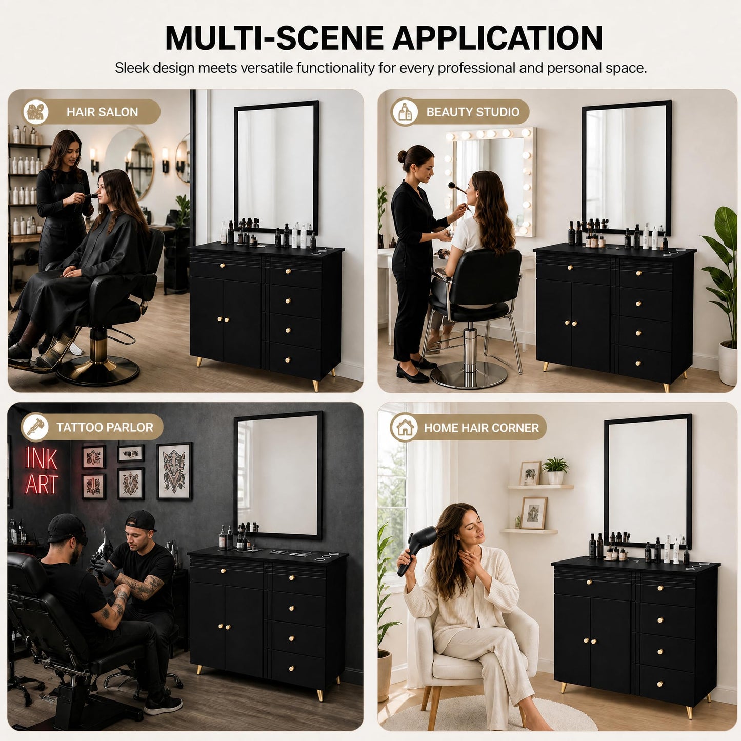 Merax Barber Salon Station with Metal Frame Mirror, Barber Cabinet Gold Legs & Handles, Multi-Zone Storage, 1 Storage Cabinet, 5 Drawers, Desktop Holes, Easy Assembly for Hair Salon, Black+Gold