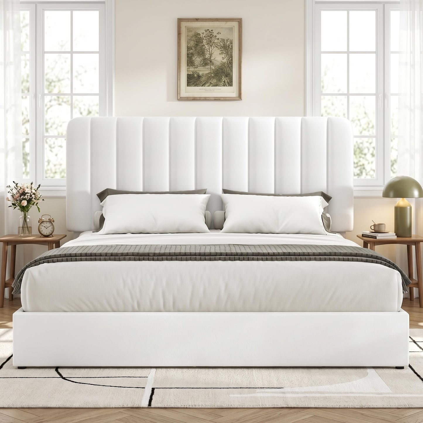VECELO Queen Size Upholstered Bed Frame with 4 Drawers and Headboard, Velvet Platform Storage Bedframe, Wooden Slats Support, No Box Spring Needed,Snow-White