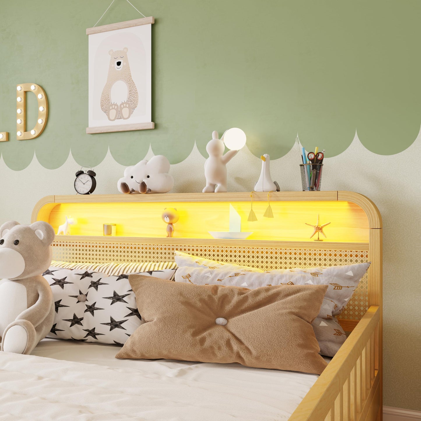 KEIKI Full Size Pine Wood Platform Bed Frame with Storage Headboard & Footboard, for Boys & Girls, Rattan Bed with Solid Slat & Guardrails, No Box Spring Required, Easy Assembly, for Bedroom, Natural