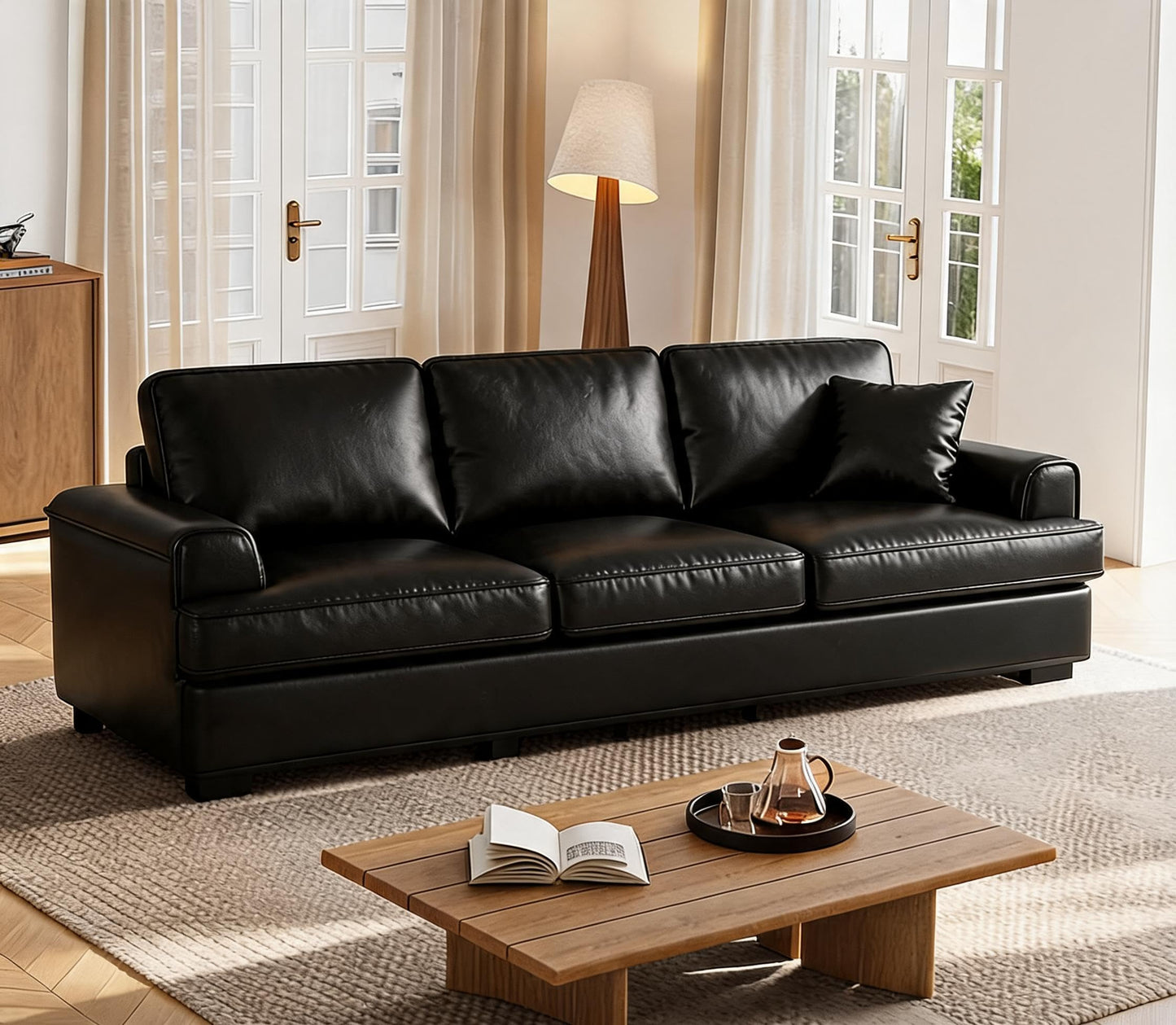 Garvee 86" Faux Leather Sofa, Modern Deep Seat Couch with 2 Throw Pillows, Upholstered Cushion & Removable Cover, Comfy Leather Couch for Small Space, Apartment, Living Room Lounge, Black