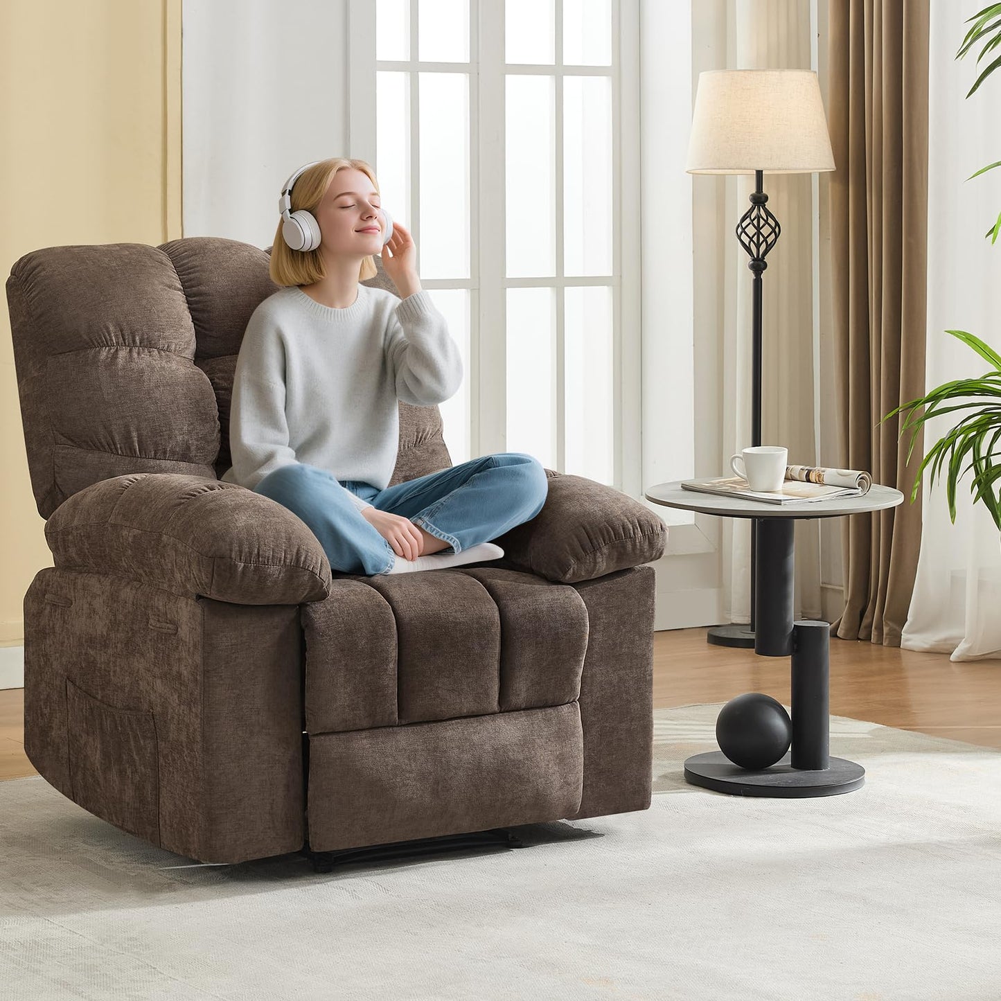 Oversized Recliner Rocking Chair - Wide Overstuffed Recliner with Massage & Heat, Lumbar Support, Side Pockets, Remote Control, Upholstery Soft Sofa Chair for Living Room, Bedroom - Light Brown