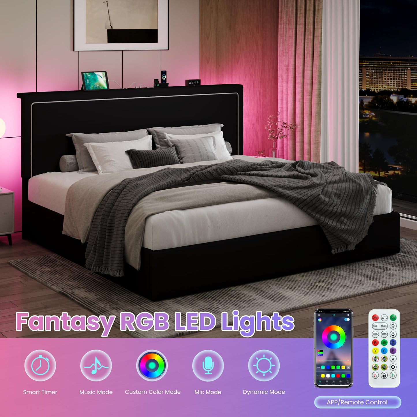 SHA CERLIN King Size Hydraulic Lift-Up Storage Platform Bed Frame with Charging Station, RGB LED Lights, Adjustable Velvet Headboard, USB-A and USB-C Ports, No Box Spring Needed, Black