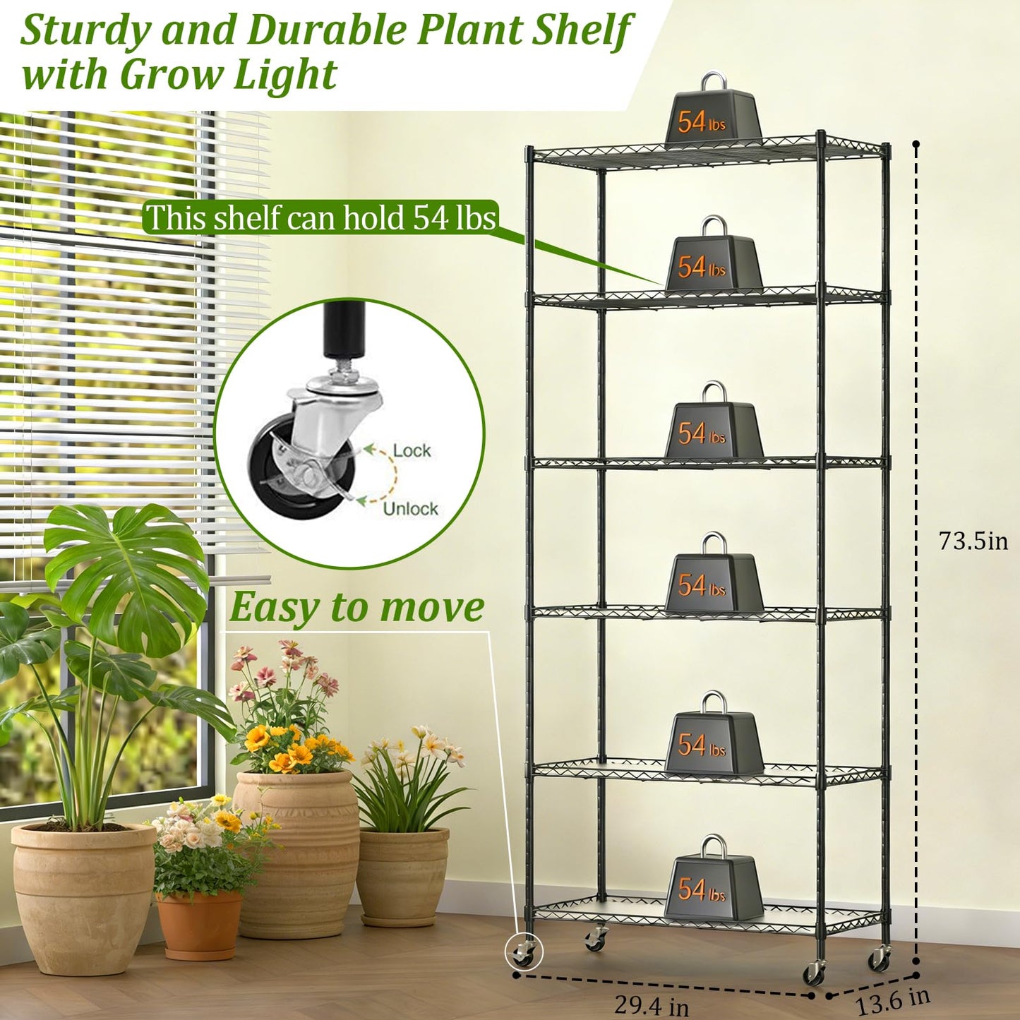Gaudeoo Plant Stand with Grow Light, 6-Tier DIY Plant Shelf with Grow Lights for Seedlings, Greenhouse, Indoor, 8 Pack 5000K 192W LED Full Spectrum Growing Lamp with Rack, Wheel, 29"x13.5"x73.5"