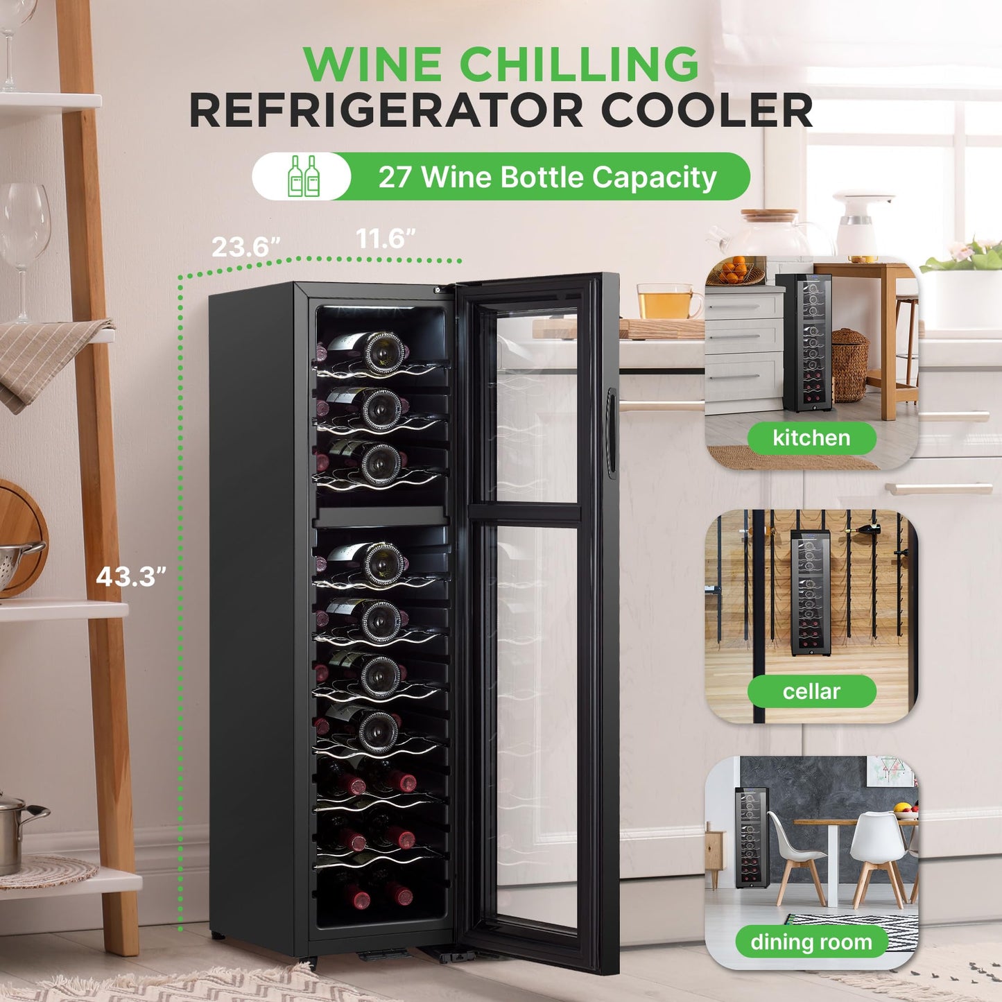 Nutrichef 27 Bottle Wine Fridge | Dual Zone Adjustable Temperature Control 41°F to 64°F | Ultra Quiet | Wine Cooler For Home, & Office | FreeStanding 43x11x23 IN | Black