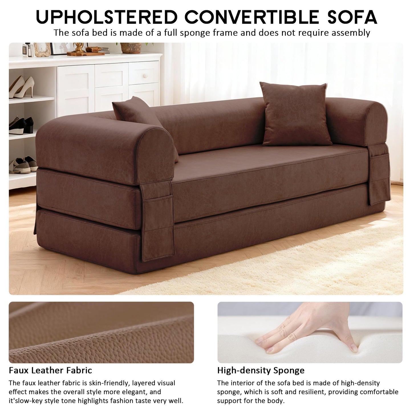 78.5" Convertible Sleeper Sofa Bed, Faux Leather Deep Seat Folding Floor Sofa with Pullout Bed & 2 Pillows, No Assembly Modern Boneless Couch Compression Sofa in Box for Living Room, Office, Brown