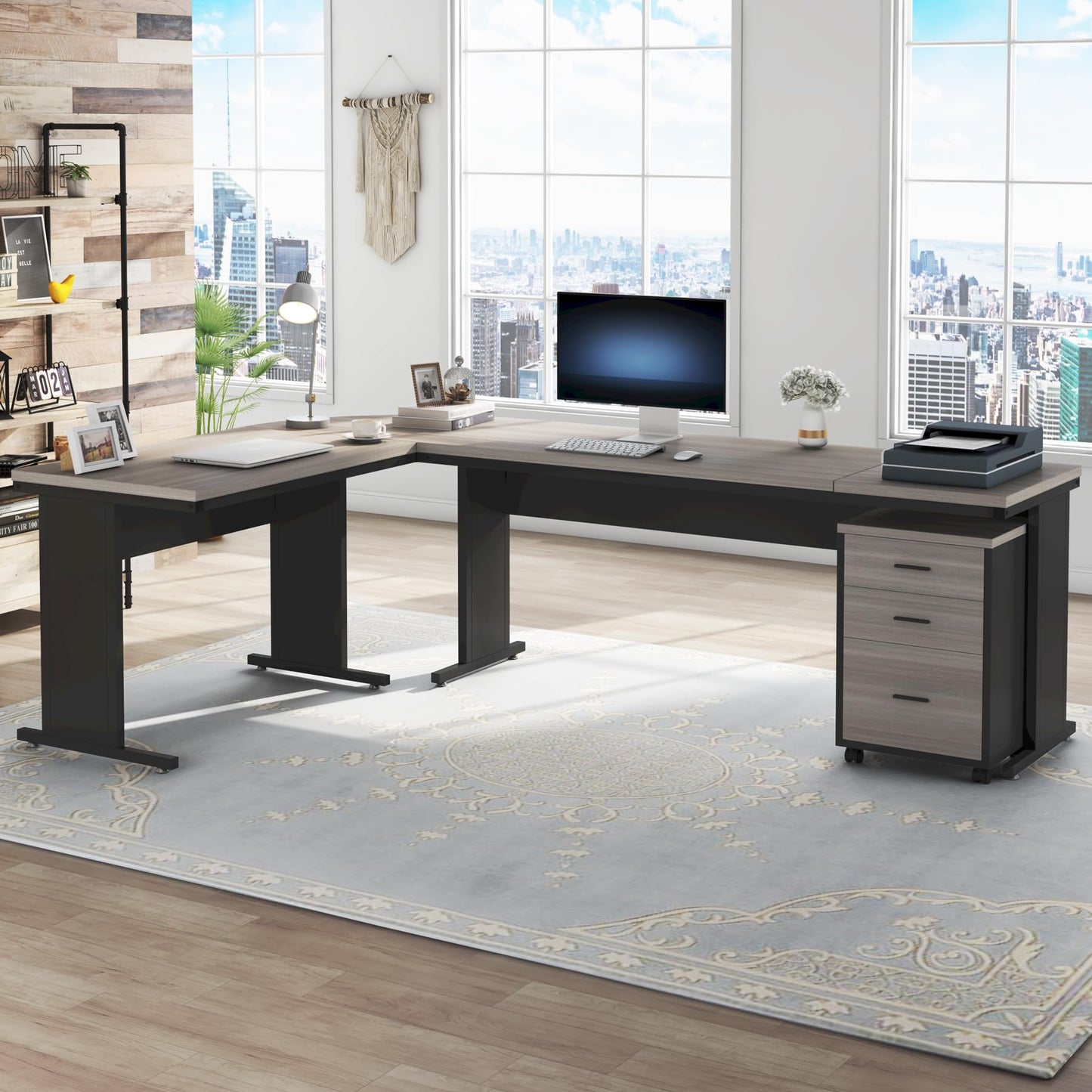 Tribesigns 83" L-Shaped Executive Desk, Large Office Desk with Drawes, Industrial Corner Computer Table with File Cabinet, Business Workstation for Home Office (Gray, 83")