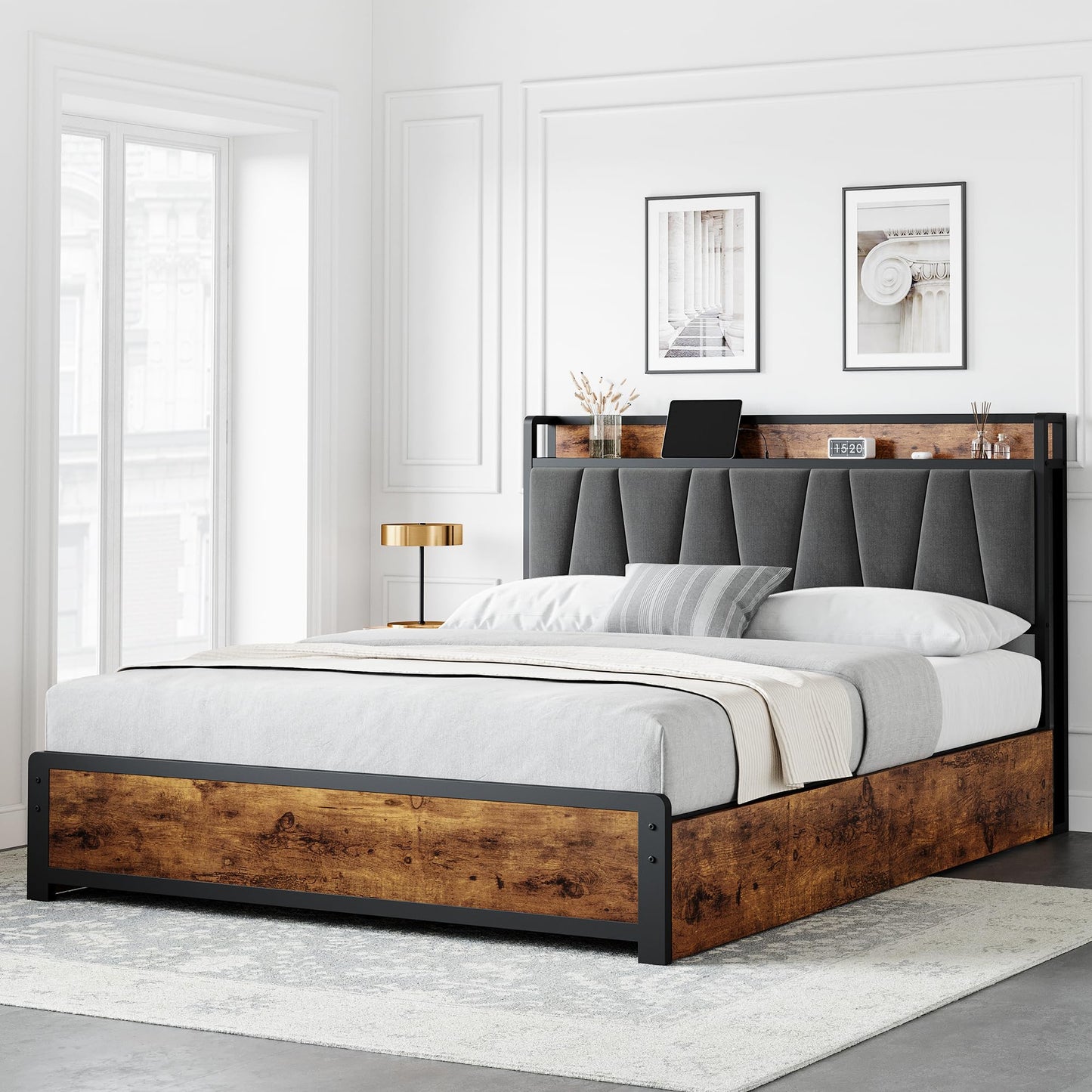 GarveeHome Full Size Bed Frame with Storage Linen Upholstered Headboard, 4 Drawers Platform Bed Frame with Charging Station, No Box Spring Needed, Easy Assembly, Rustic Brown